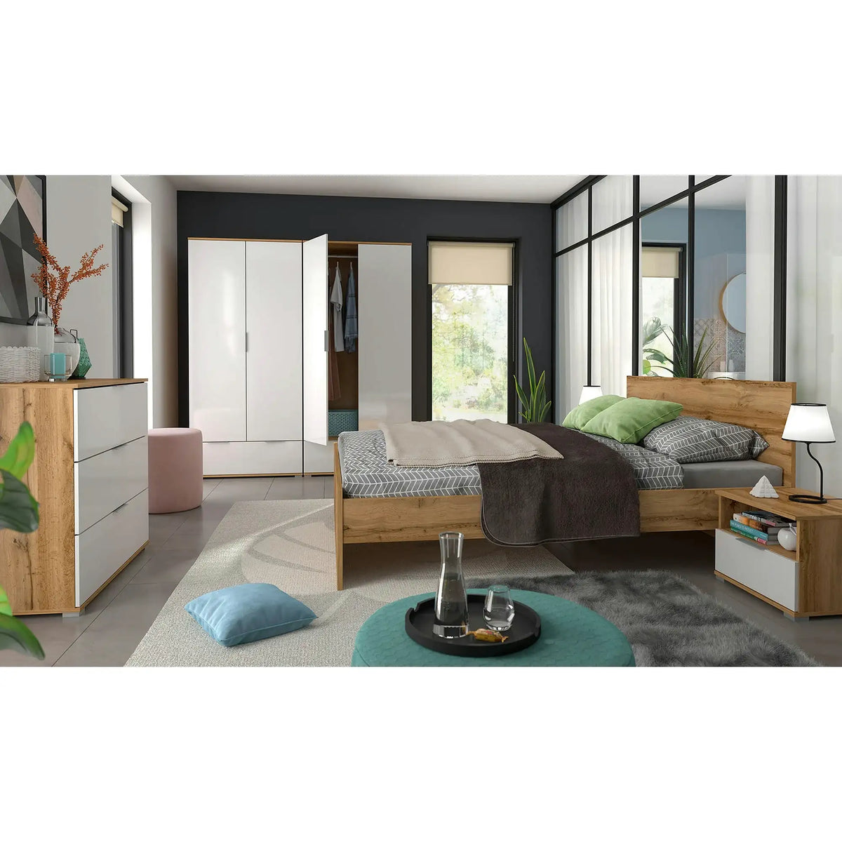 Set dormitor ZELE 3, stejar wotan/alb, pat 160x200, 2 dulapuri, 2 noptiere si comoda
