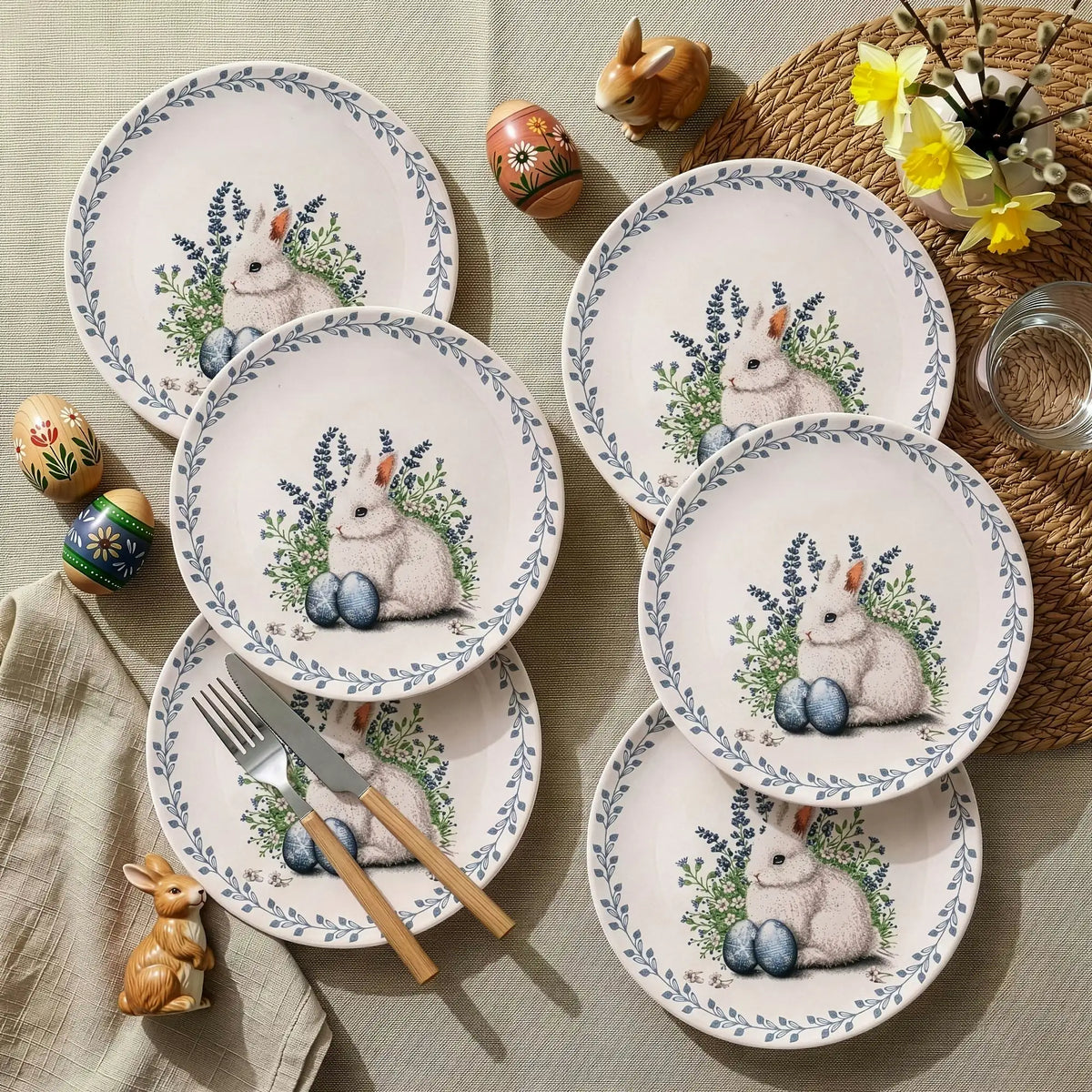 Set farfurii servire TIMID, 6 piese, alb/verde/albastru, ceramică