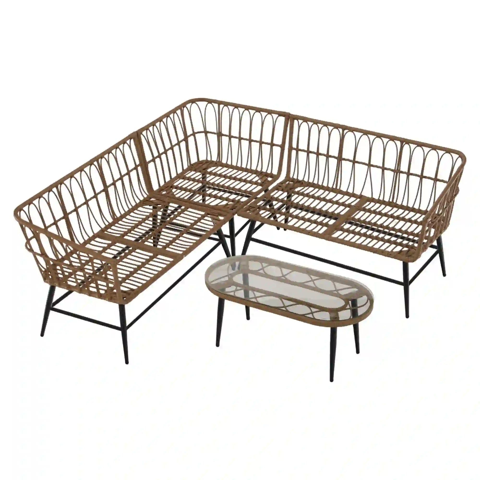 Set gradina ARALY, bej/negru, ratan sintetic/sticla/metal, cu masuta si canapea