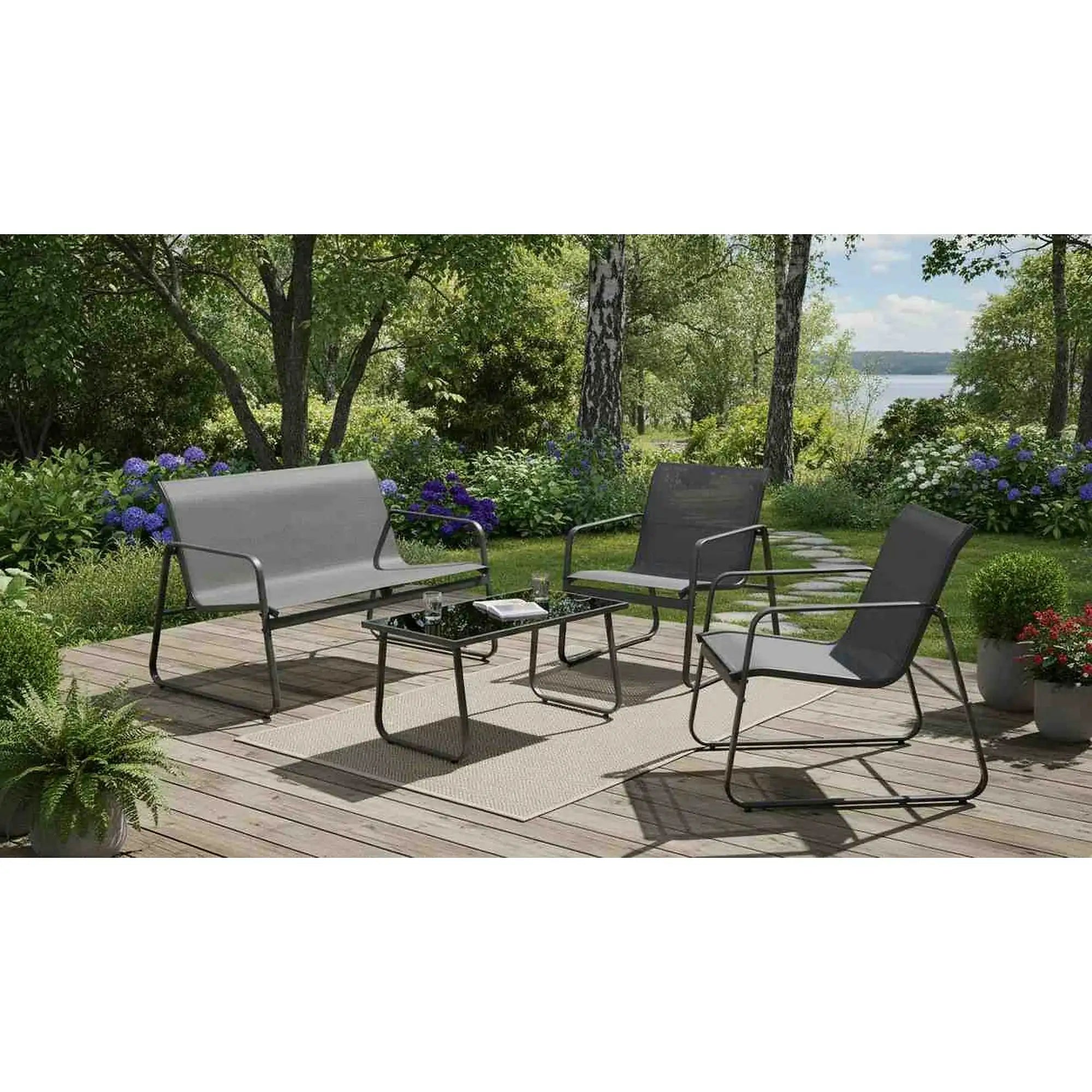 Set gradina CONOR, gri, plasa/sticla/metal, cu masuta, 2 scaune si canapea