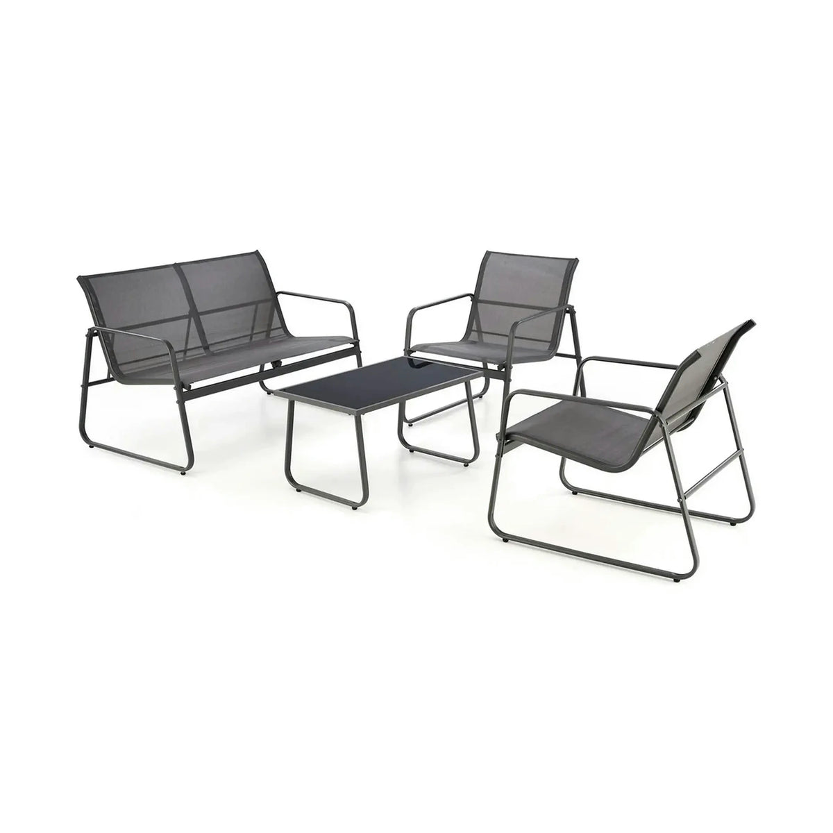 Set gradina CONOR, gri, plasa/sticla/metal, cu masuta, 2 scaune si canapea