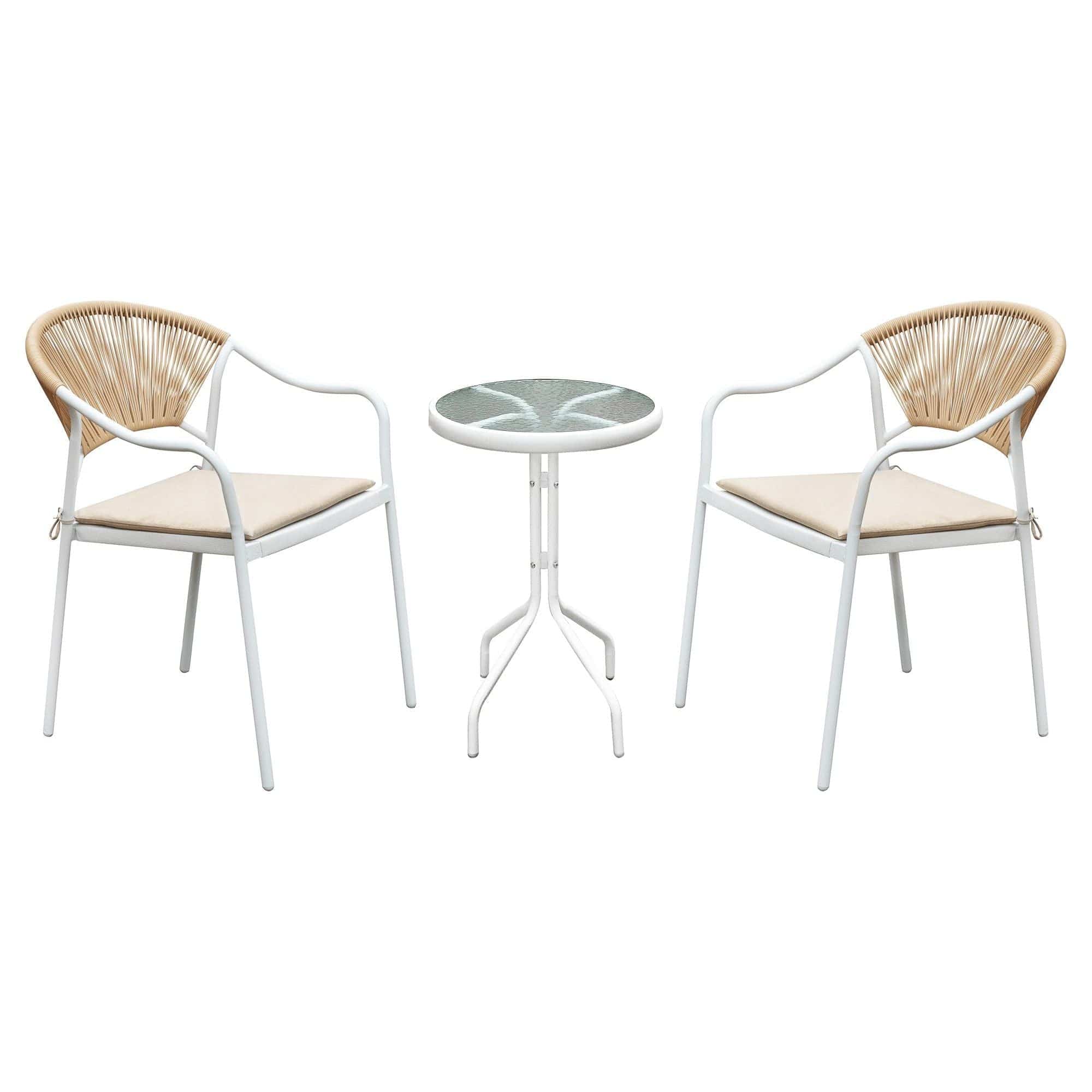 Set gradina ELIOR, alb/bej, ratan/sticla/metal, cu masuta si 2 scaune