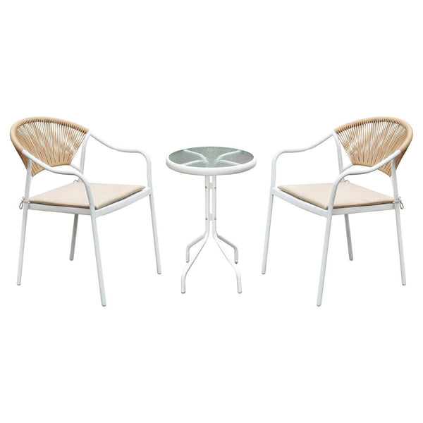 Set gradina ELIOR, alb/bej, ratan/sticla/metal, cu masuta si 2 scaune