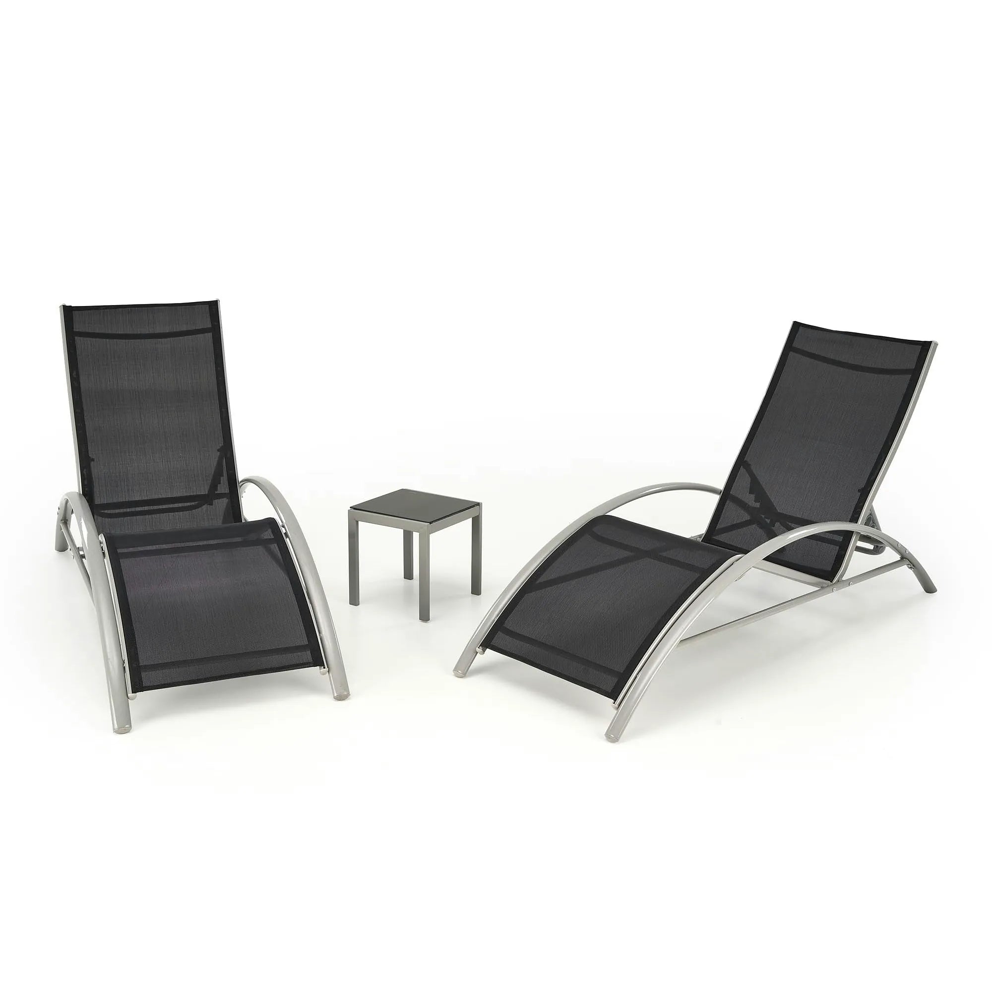 Set gradina EMBOLO, negru/gri, metal/panza, cu masuta si 2 sezlonguri