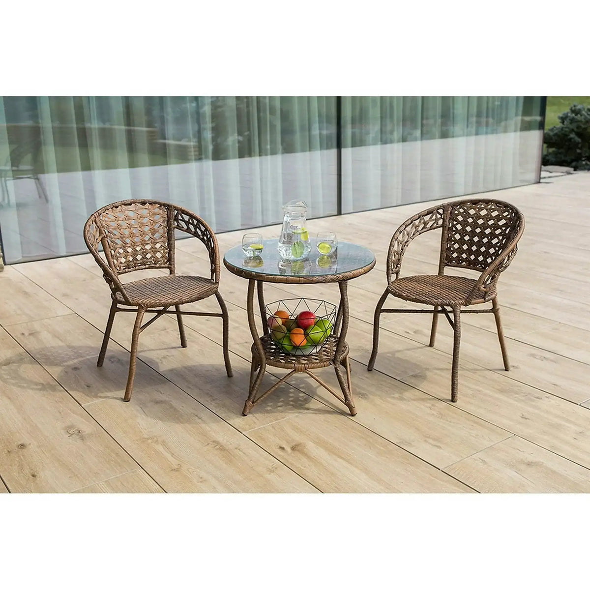 Set gradina JARUB, maro, ratan artificial/sticla securizata/metal, cu masuta si 2 scaune