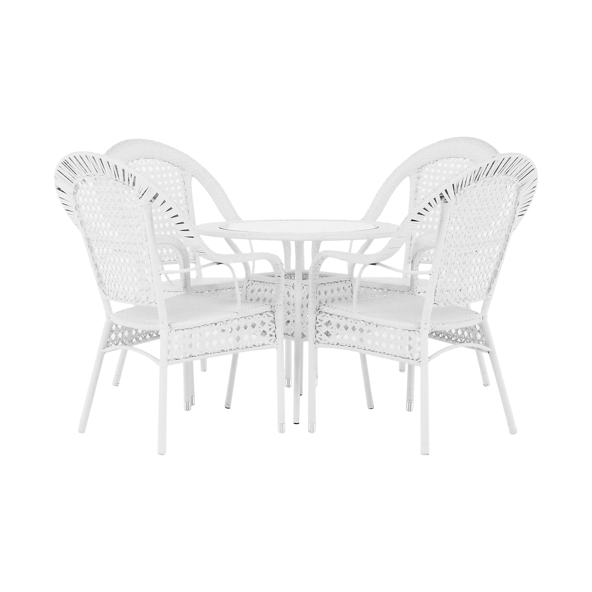 Set gradina KOVEN, alb, ratan sintetic/sticla temperata/otel, cu masuta si 4 scaune