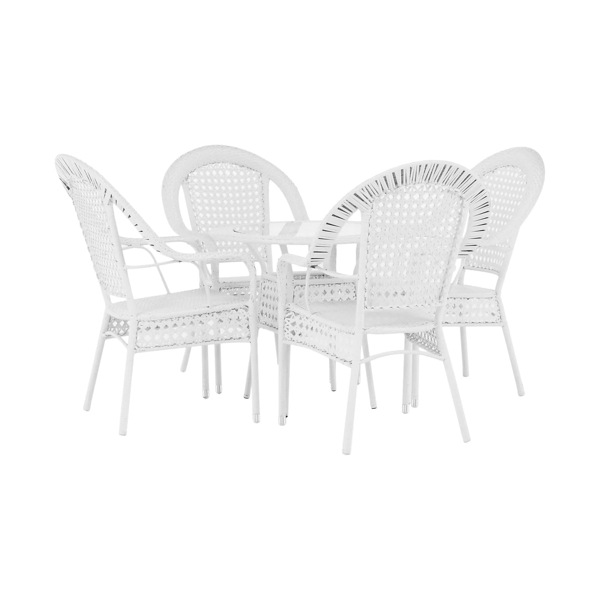 Set gradina KOVEN, alb, ratan sintetic/sticla temperata/otel, cu masuta si 4 scaune
