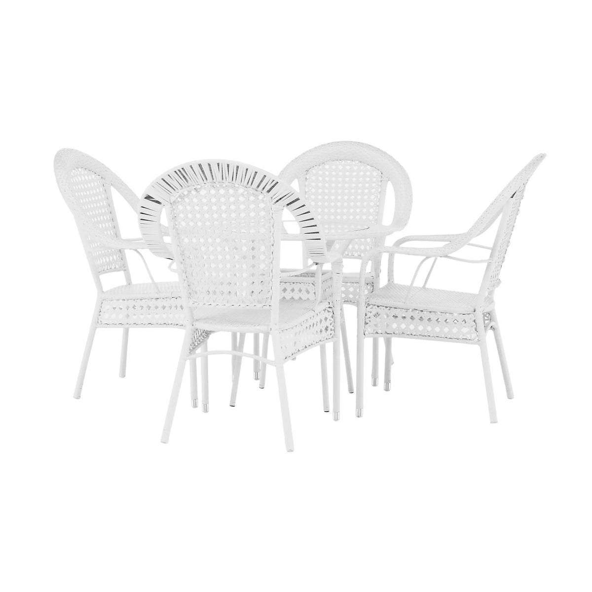 Set gradina KOVEN, alb, ratan sintetic/sticla temperata/otel, cu masuta si 4 scaune