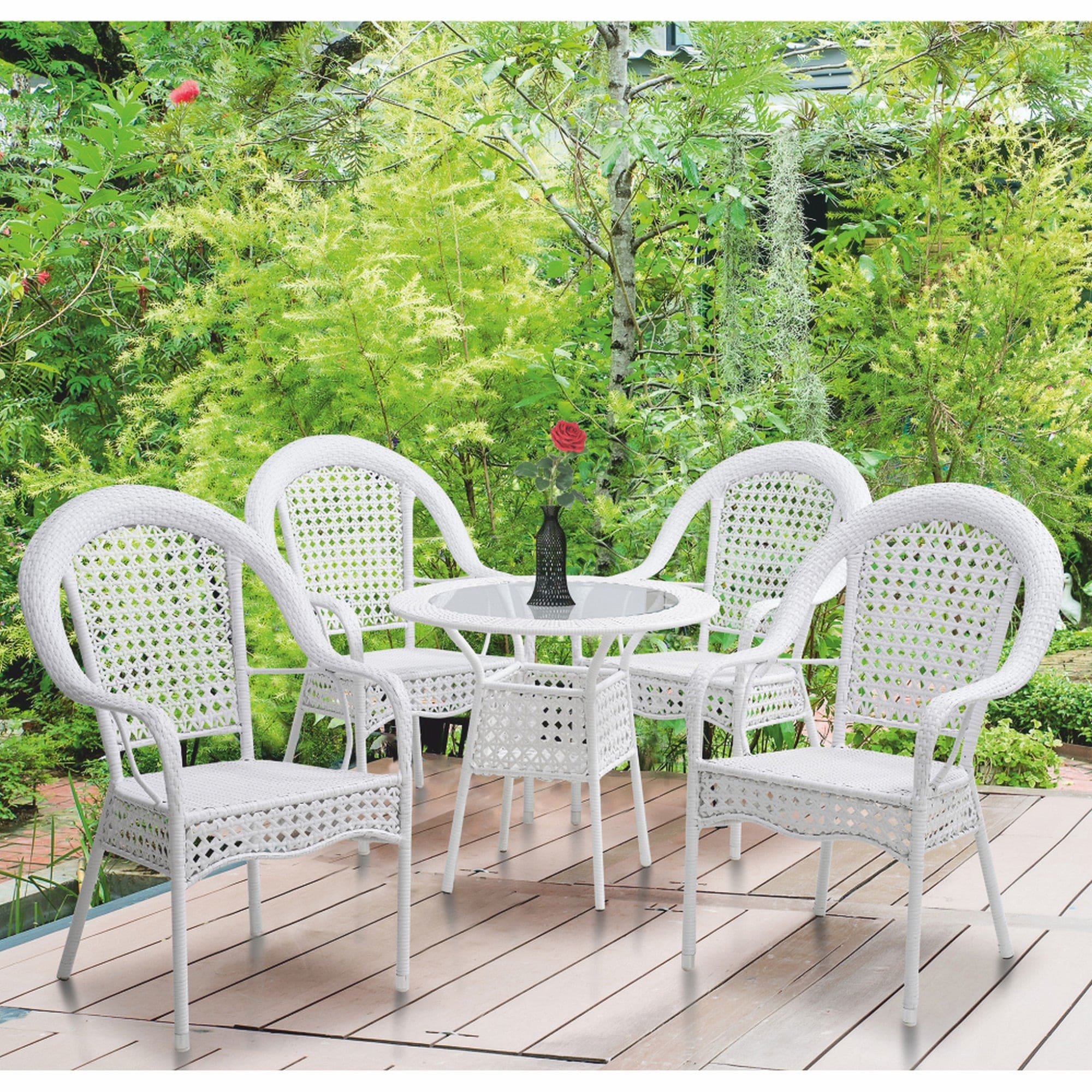 Set gradina KOVEN, alb, ratan sintetic/sticla temperata/otel, cu masuta si 4 scaune