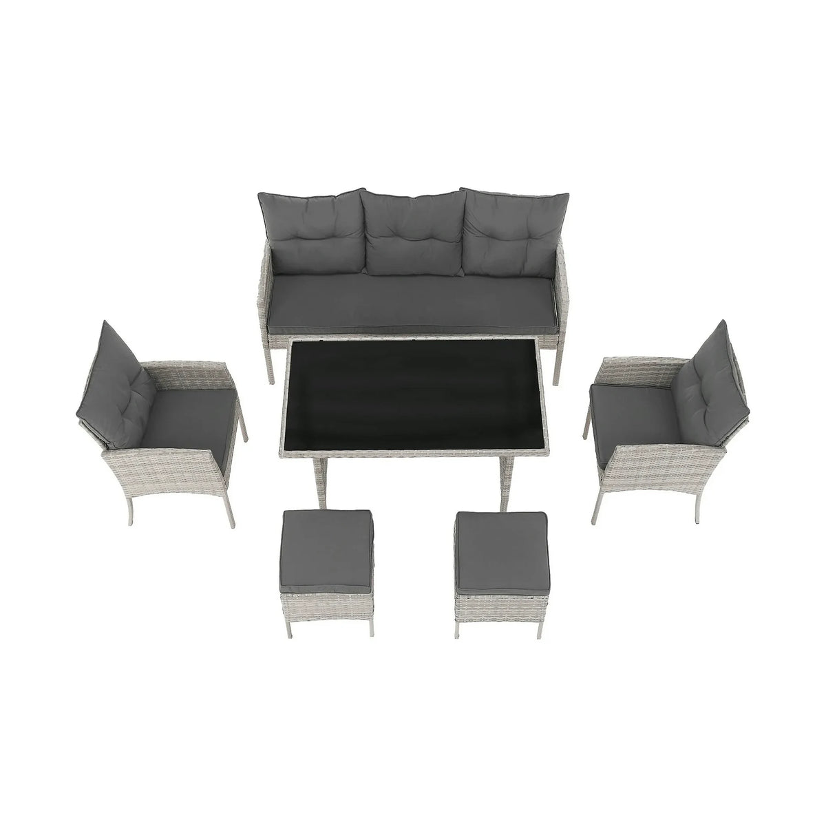 Set gradina LALEN, gri, ratan sintetic/metal/sticla temperata, cu masa, 2 scaune, 2 taburete si canapea