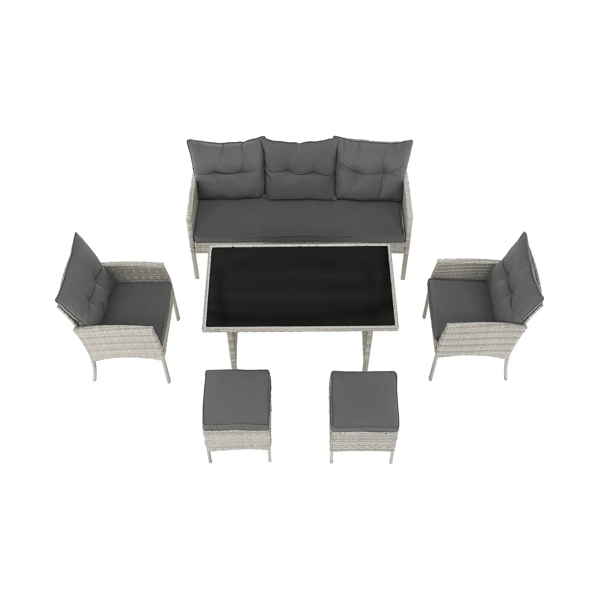 Set gradina LALEN, gri, ratan sintetic/metal/sticla temperata, cu masa, 2 scaune, 2 taburete si canapea