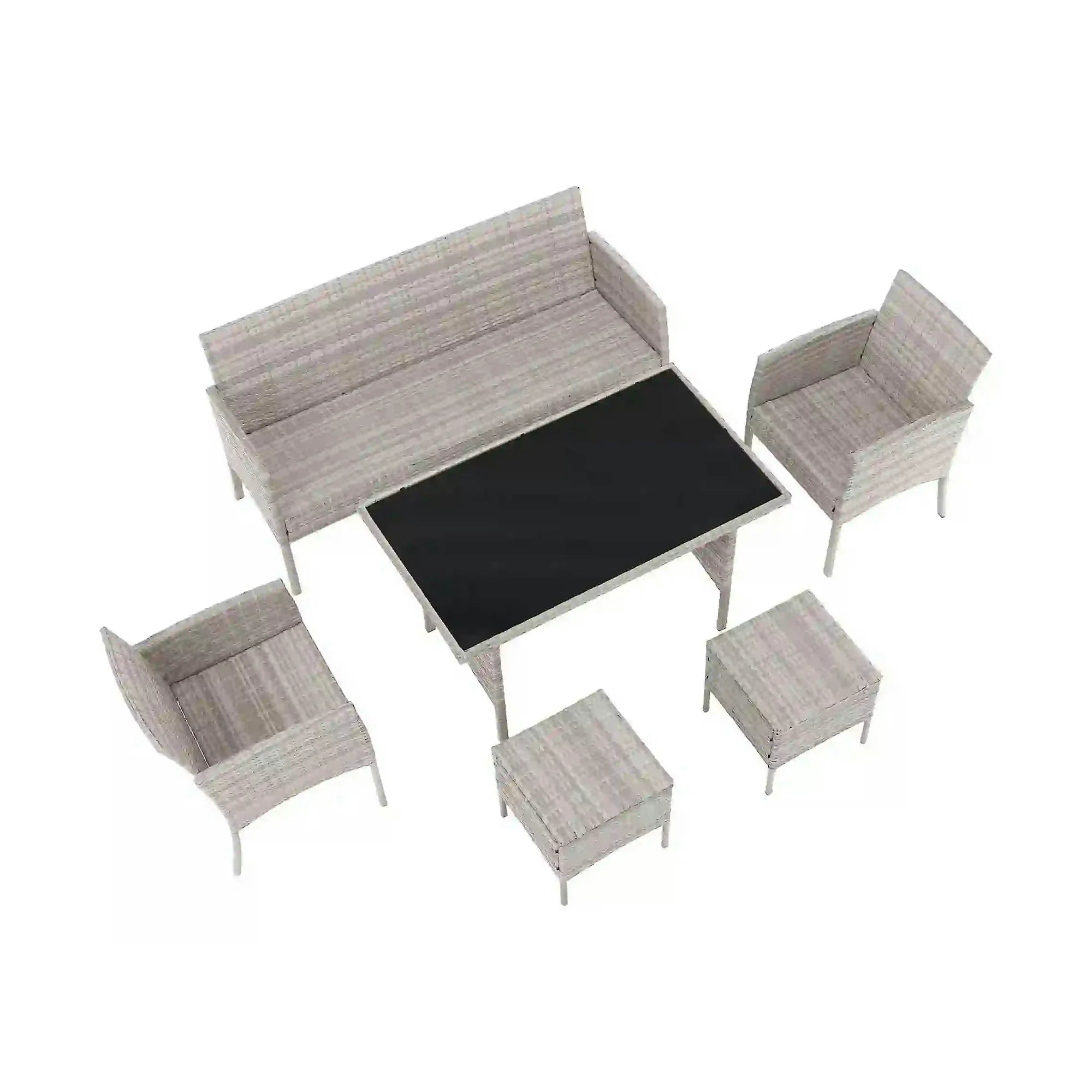 Set gradina LALEN, gri, ratan sintetic/metal/sticla temperata, cu masa, 2 scaune, 2 taburete si canapea