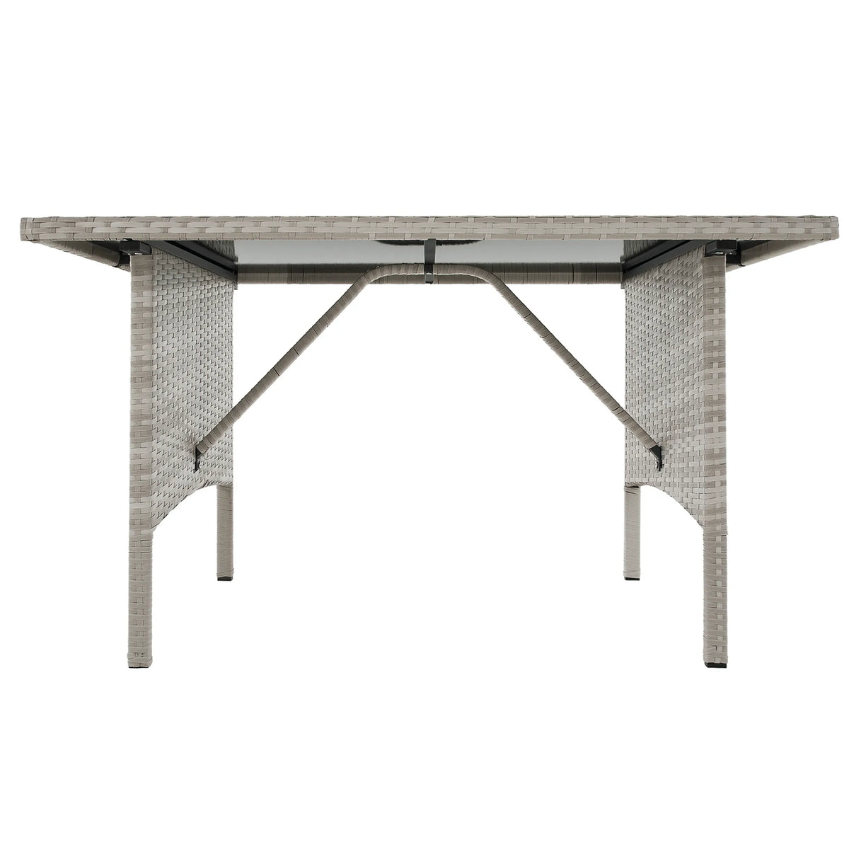Set gradina LALEN, gri, ratan sintetic/metal/sticla temperata, cu masa, 2 scaune, 2 taburete si canapea