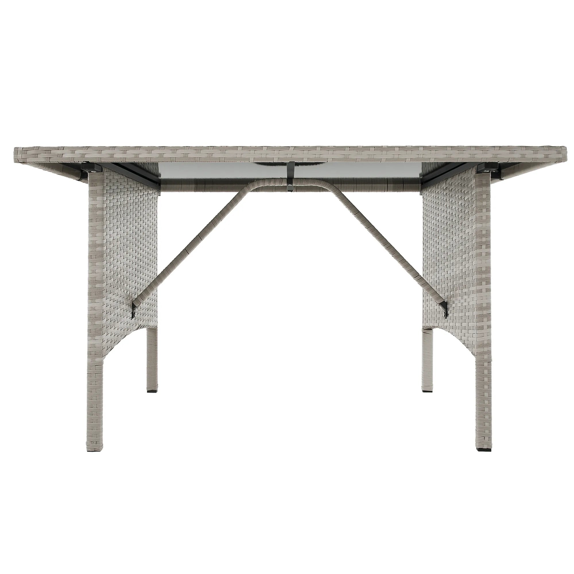 Set gradina LALEN, gri, ratan sintetic/metal/sticla temperata, cu masa, 2 scaune, 2 taburete si canapea