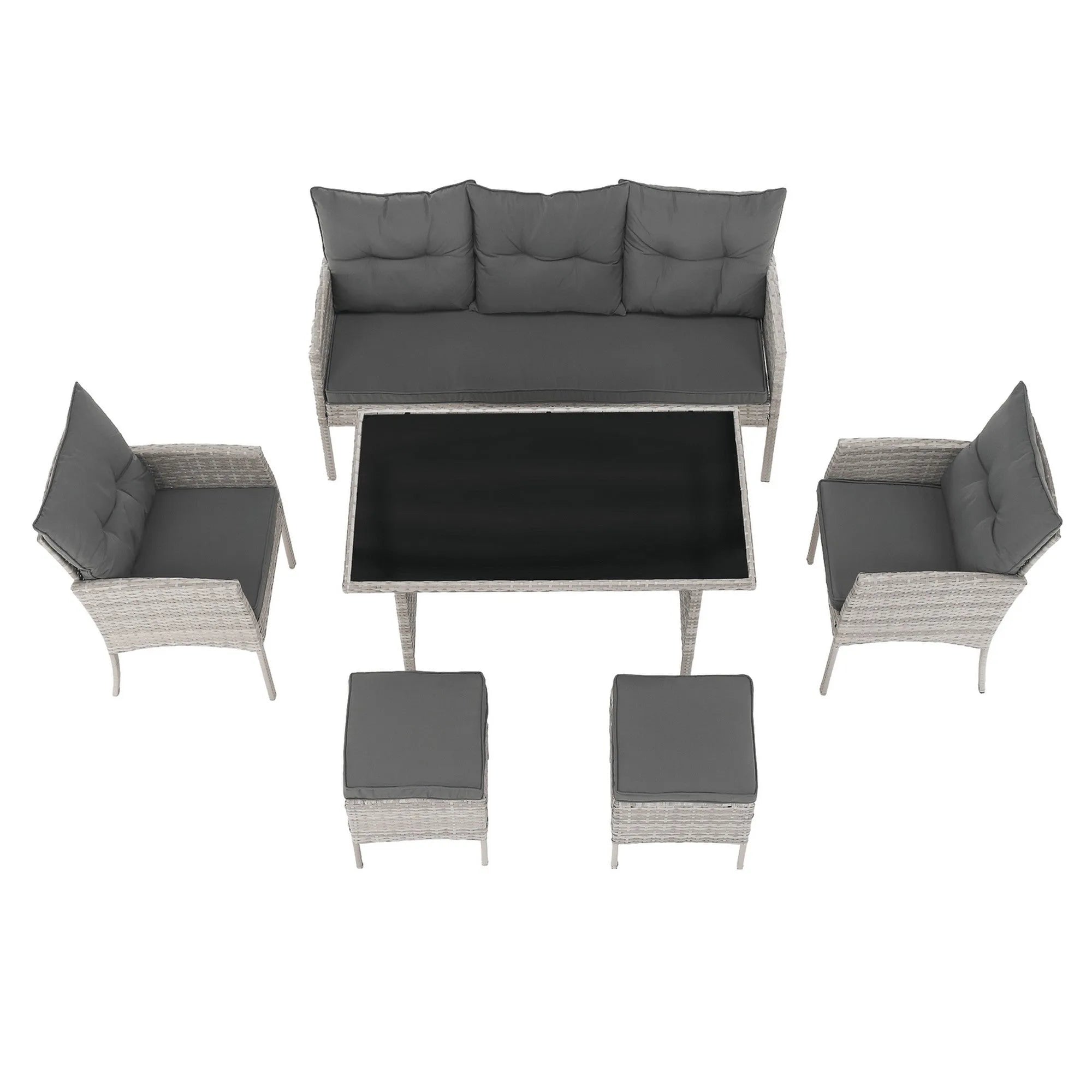 Set gradina LALEN, gri, ratan sintetic/metal/sticla temperata, cu masa, 2 scaune, 2 taburete si canapea