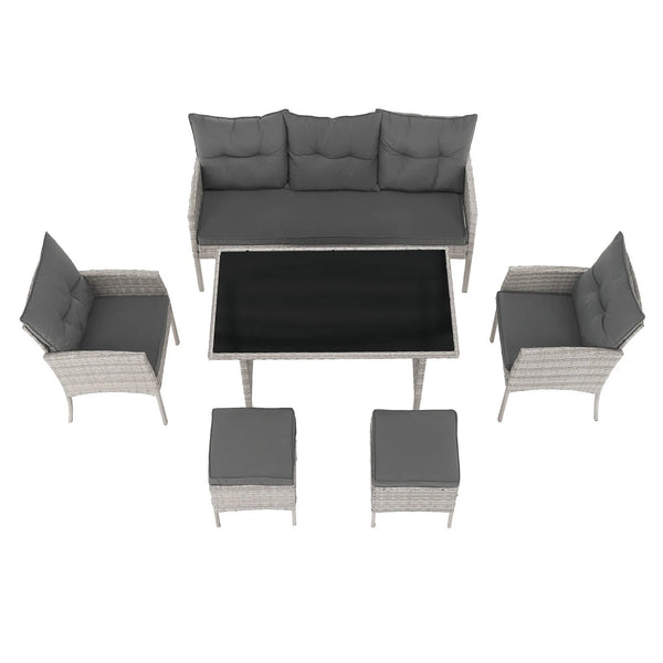 Set gradina LALEN, gri, ratan sintetic/metal/sticla temperata, cu masa, 2 scaune, 2 taburete si canapea