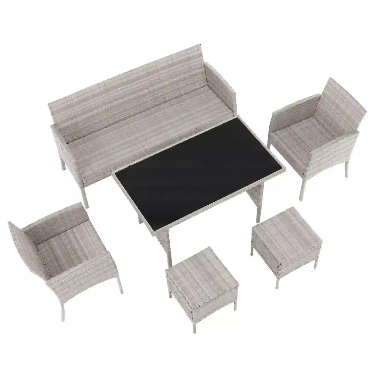 Set gradina LALEN, gri, ratan sintetic/metal/sticla temperata, cu masa, 2 scaune, 2 taburete si canapea