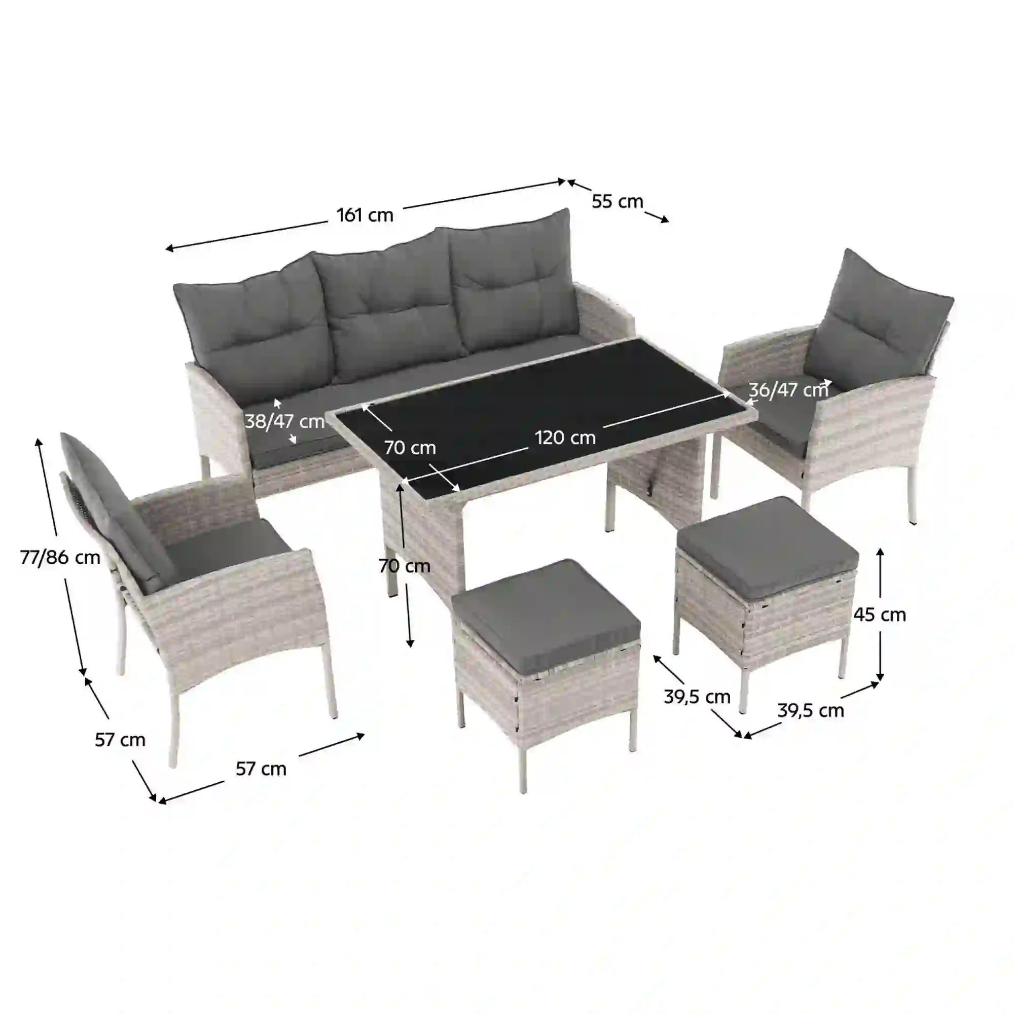 Set gradina LALEN, gri, ratan sintetic/metal/sticla temperata, cu masa, 2 scaune, 2 taburete si canapea