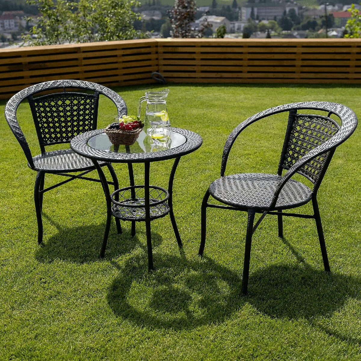 Set gradina LASAN, maro, ratan sintetic/sticla/otel, cu masuta si 2 scaune