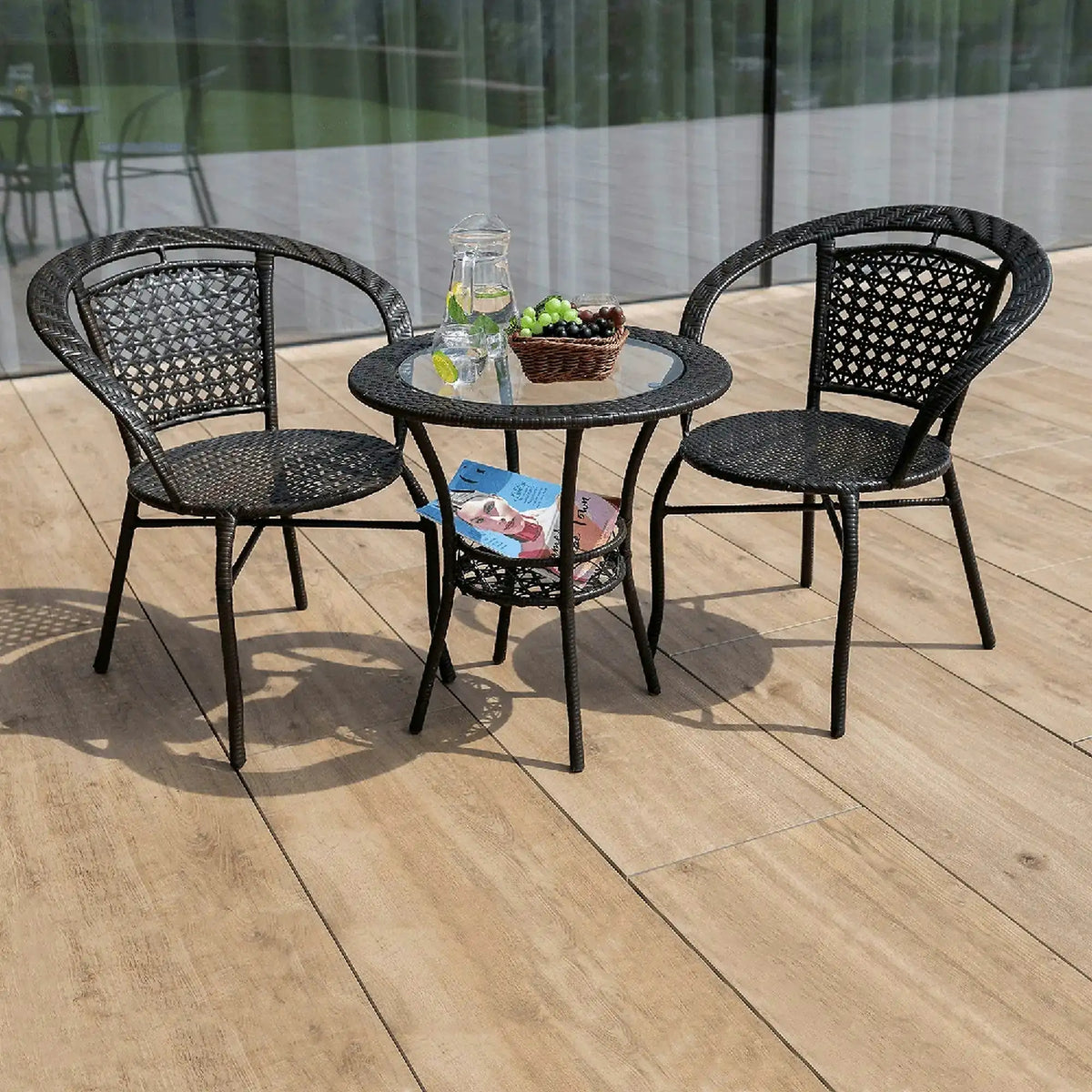 Set gradina LASAN, maro, ratan sintetic/sticla/otel, cu masuta si 2 scaune