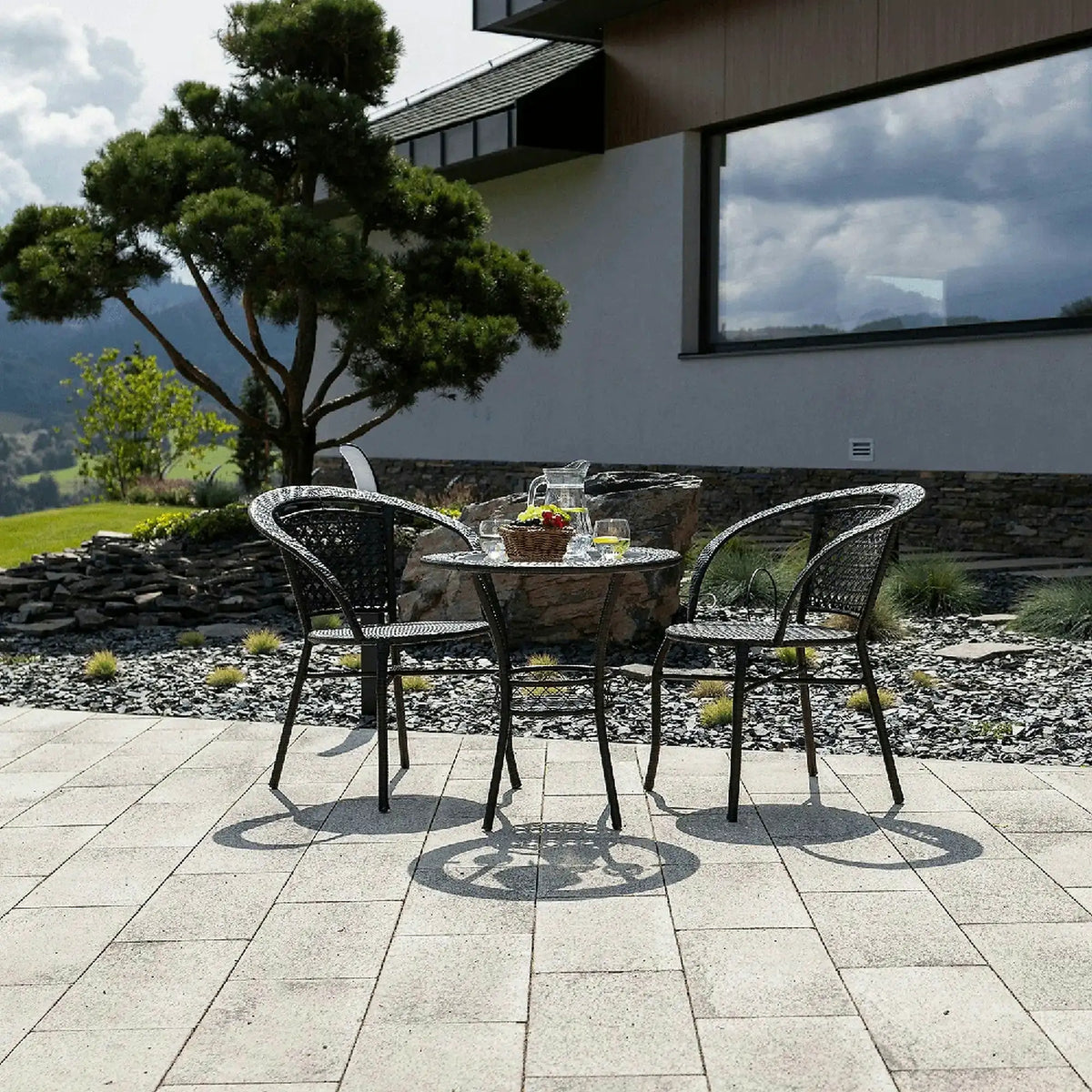 Set gradina LASAN, maro, ratan sintetic/sticla/otel, cu masuta si 2 scaune