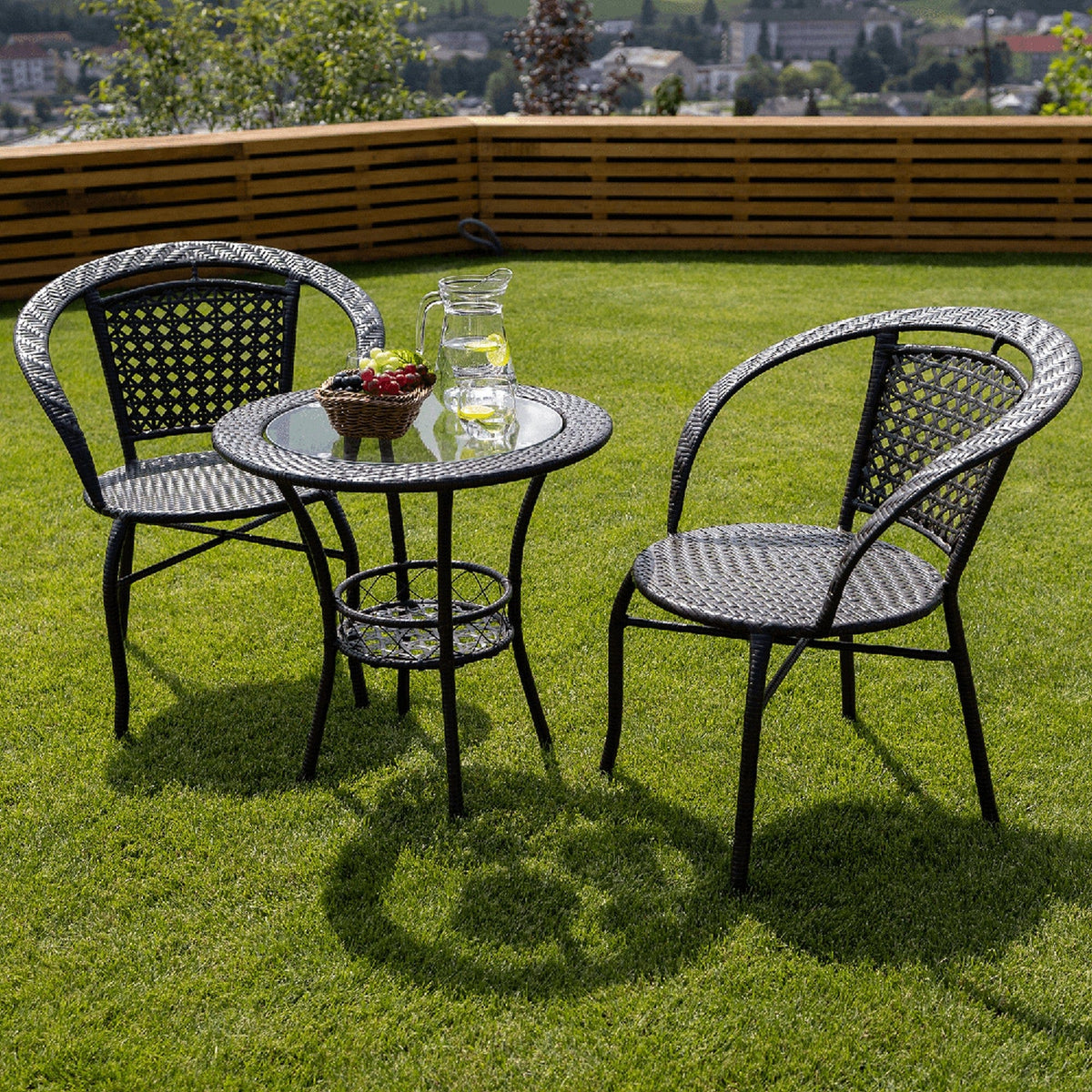 Set gradina LASAN, maro, ratan sintetic/sticla/otel, cu masuta si 2 scaune