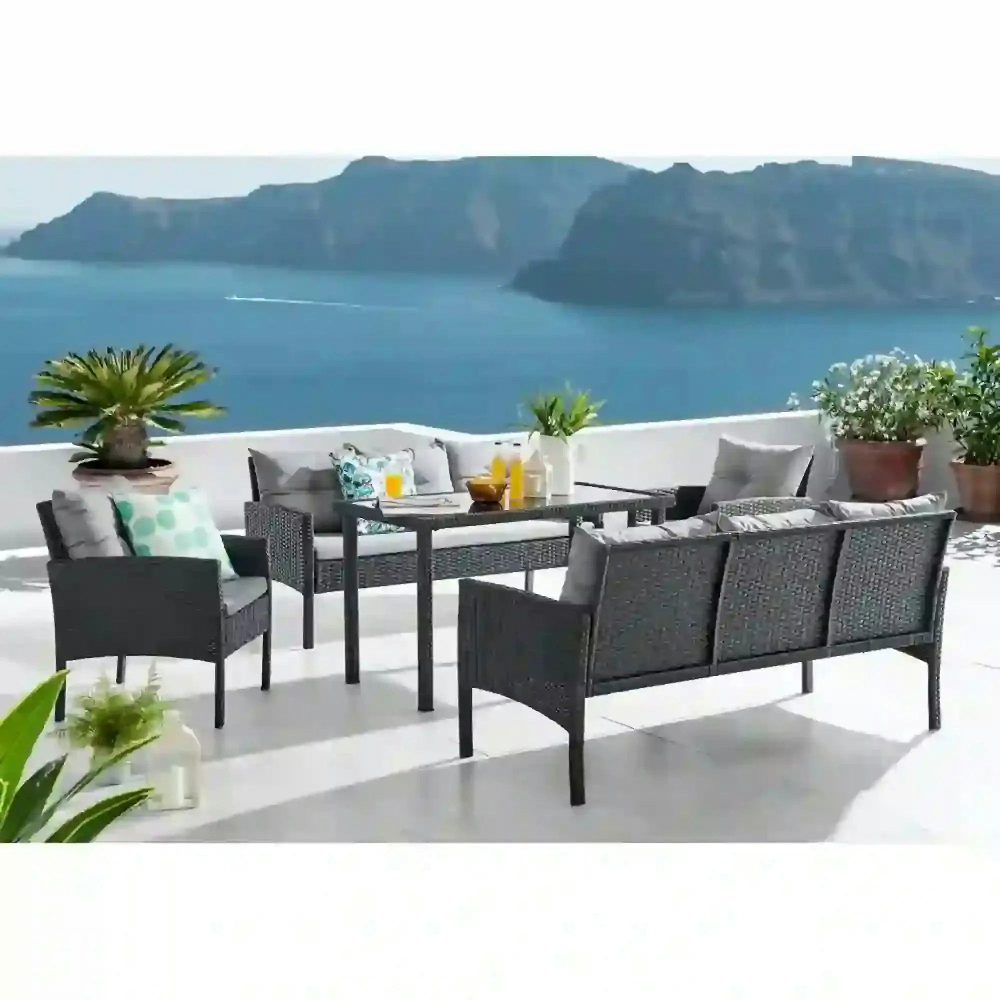 Set gradina LERON, negru/gri, ratan/otel/sticla securizata, cu masa, 2 scaune si 2 canapele
