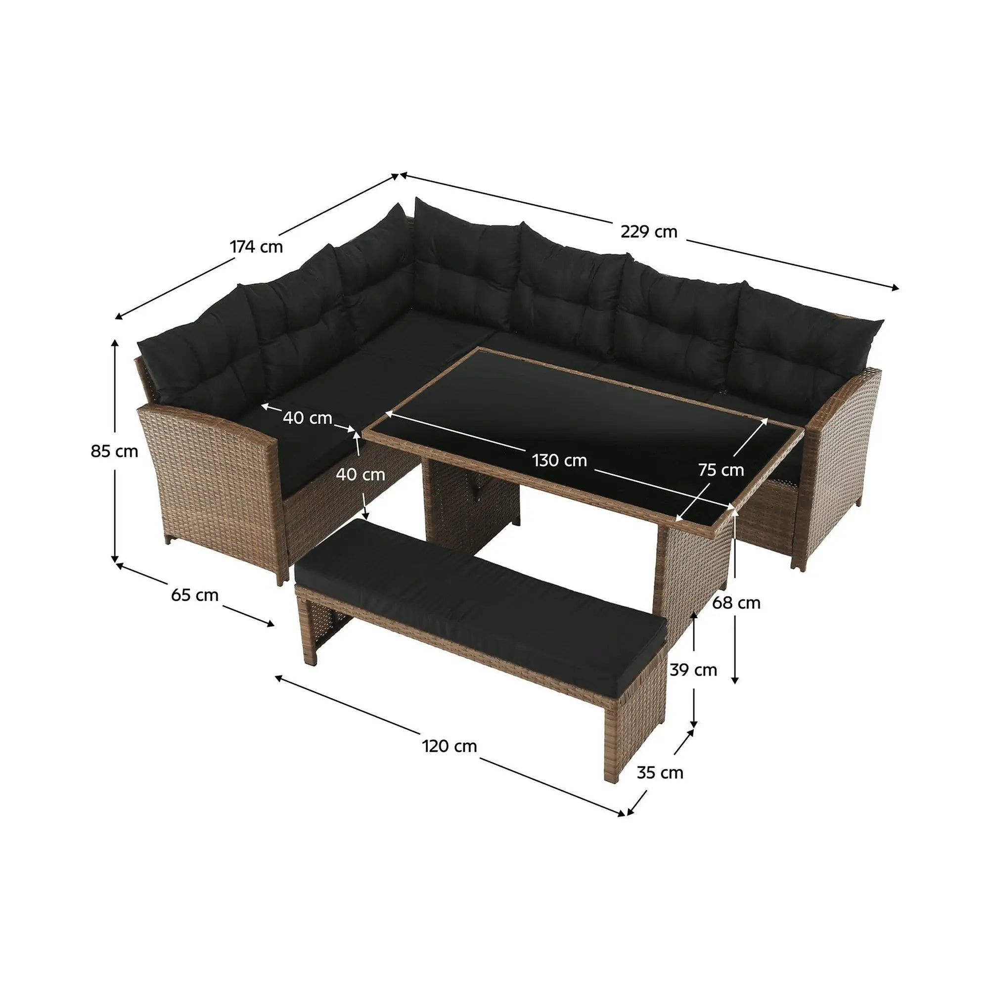 Set gradina MADUL, maro/negru, ratan sintetic/sticla temperata/metal, cu masa, banca si canapea