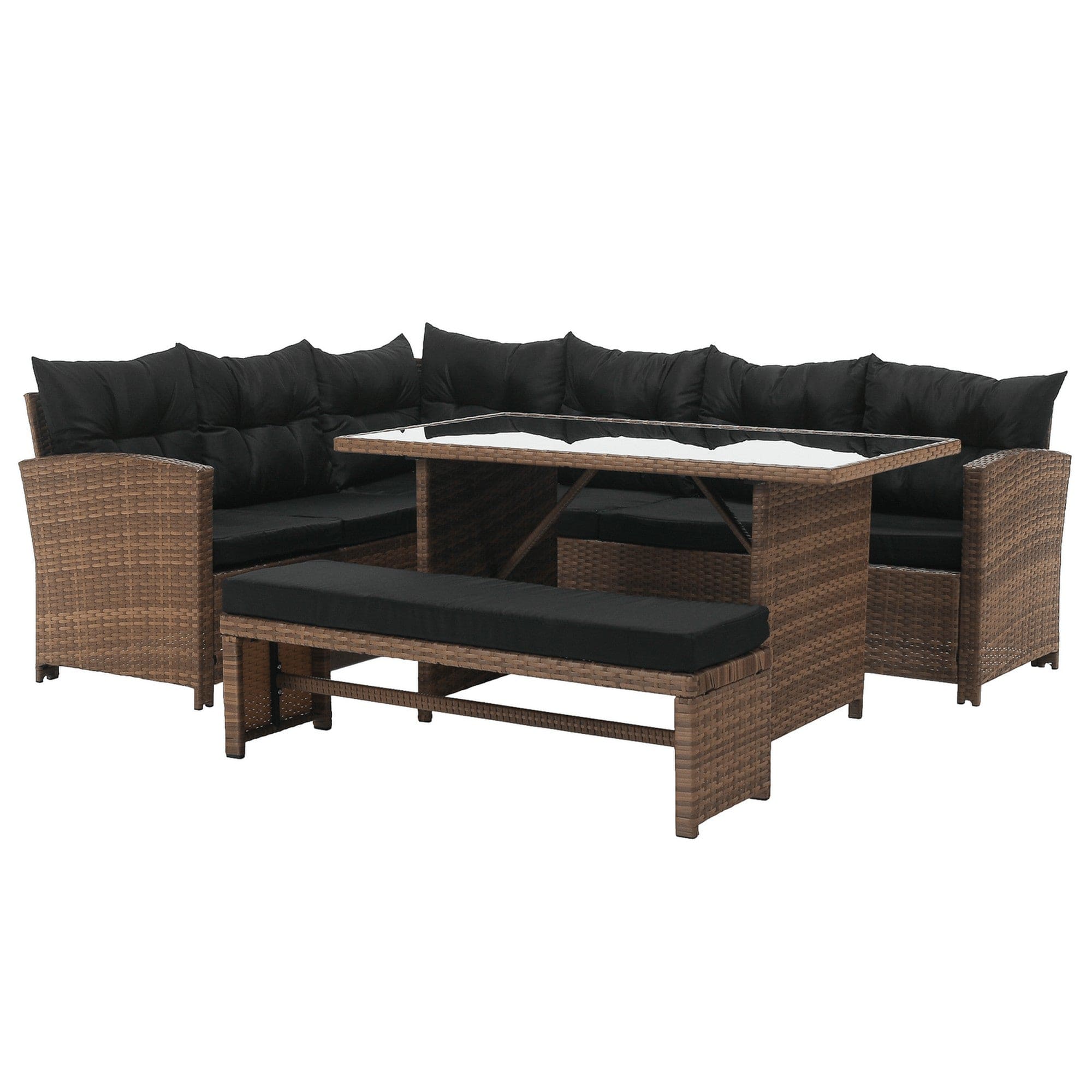 Set gradina MADUL, maro/negru, ratan sintetic/sticla temperata/metal, cu masa, banca si canapea