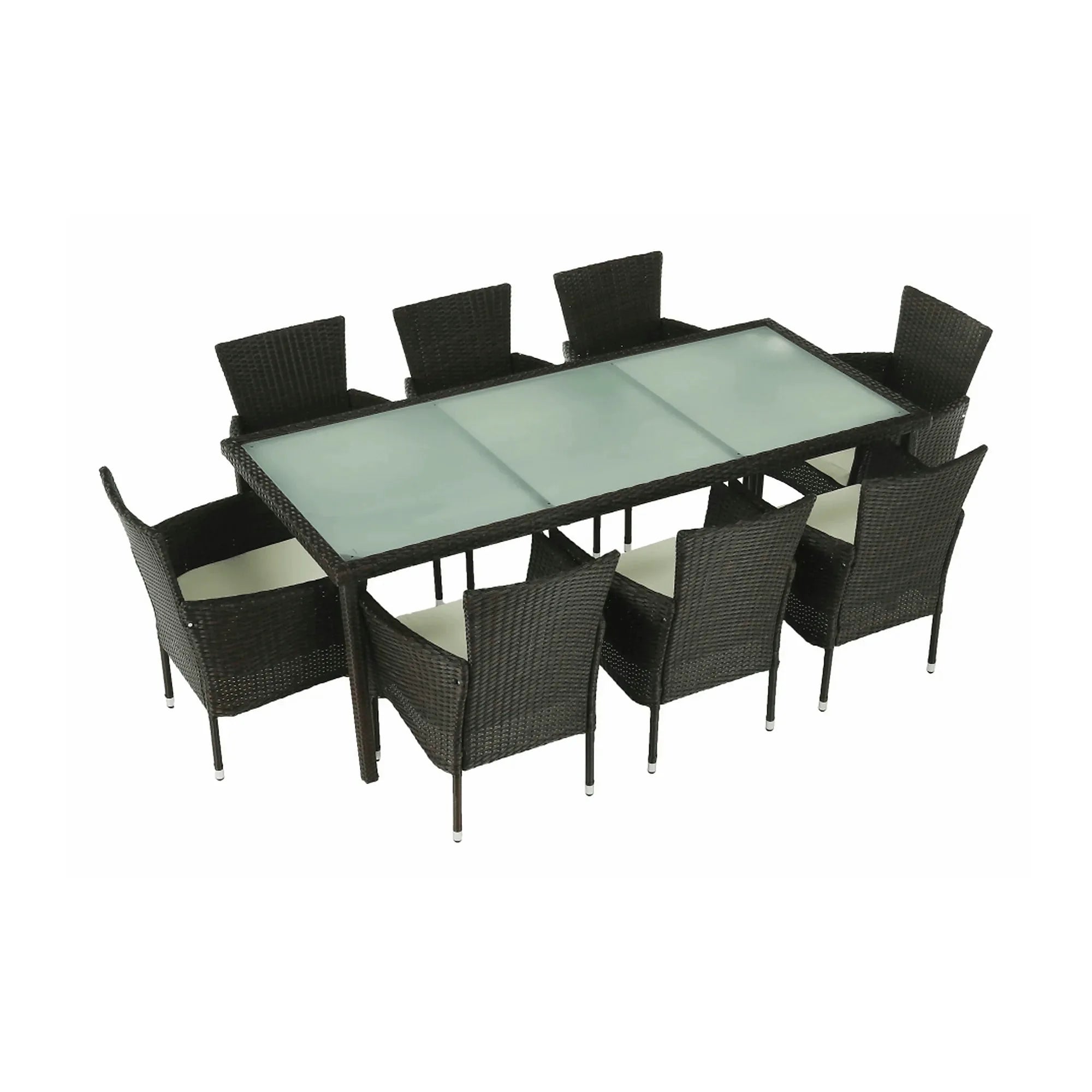 Set gradina MENIBOR, maro/bej, ratan artificial/sticla temperata/otel, cu masa si 8 scaune