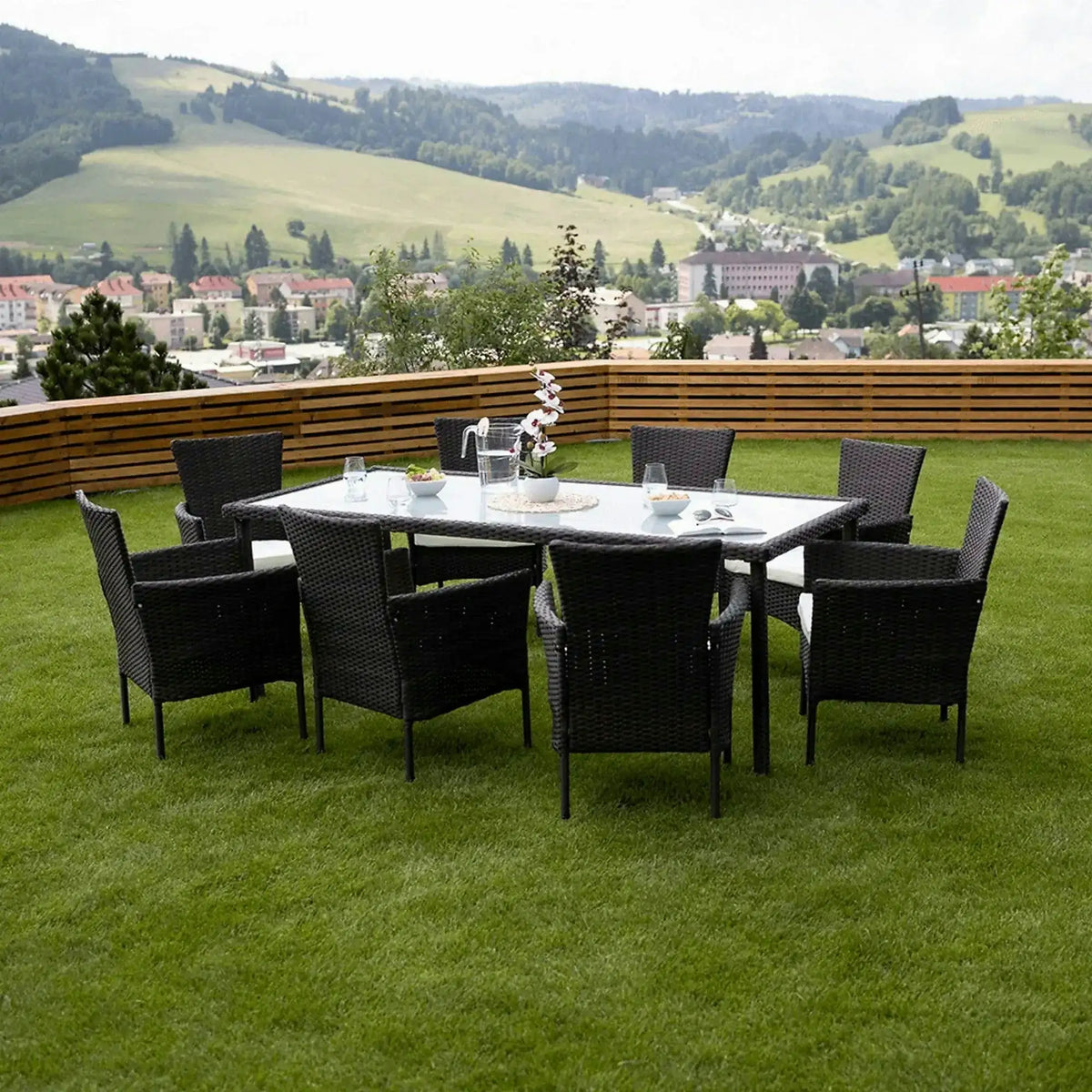 Set gradina MENIBOR, maro/bej, ratan artificial/sticla temperata/otel, cu masa si 8 scaune