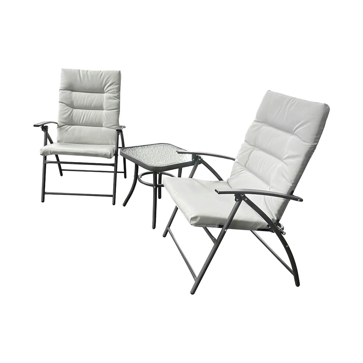 Set gradina MUSON, gri deschis/gri inchis, tesatura/sticla/metal, cu masuta si 2 scaune