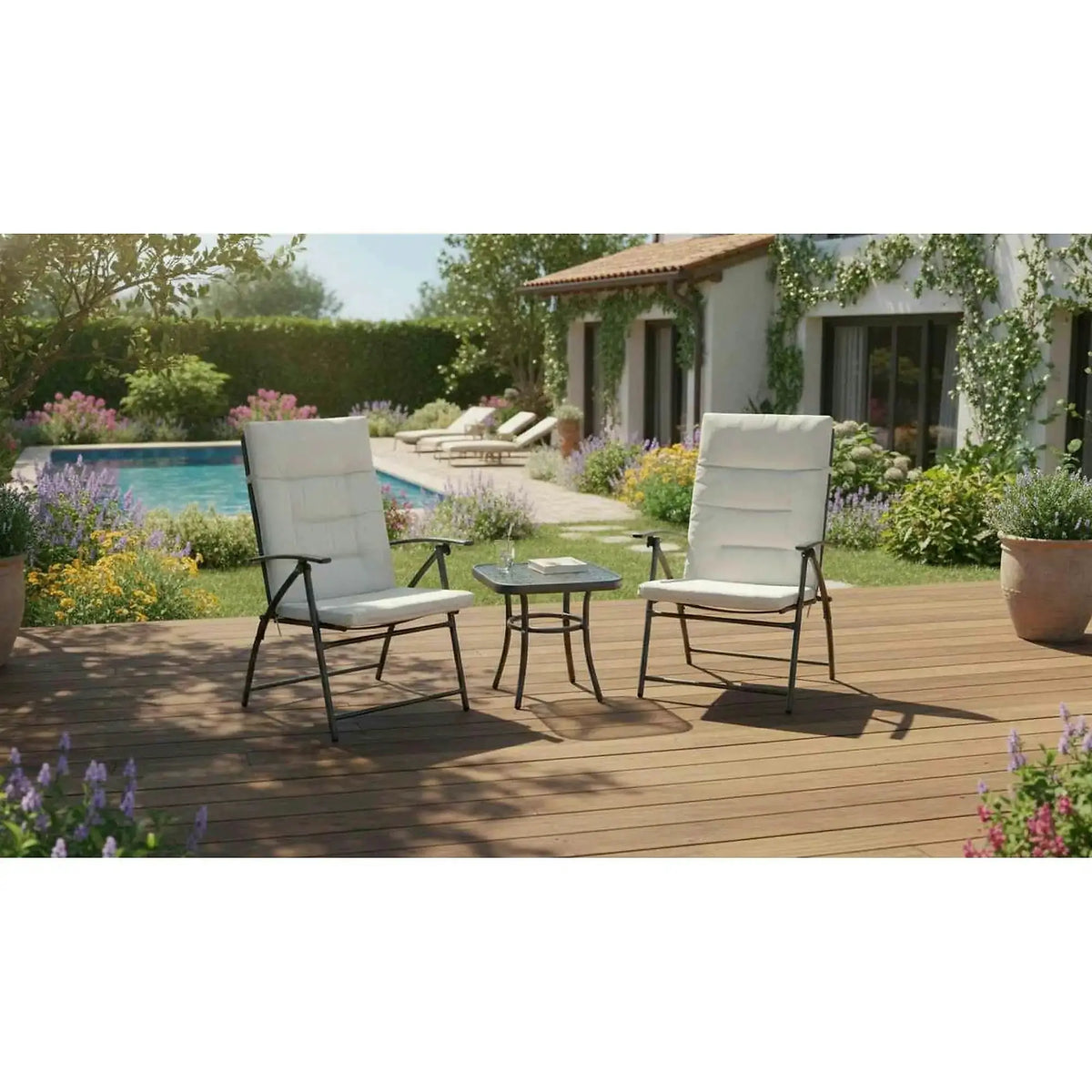Set gradina MUSON, gri deschis/gri inchis, tesatura/sticla/metal, cu masuta si 2 scaune