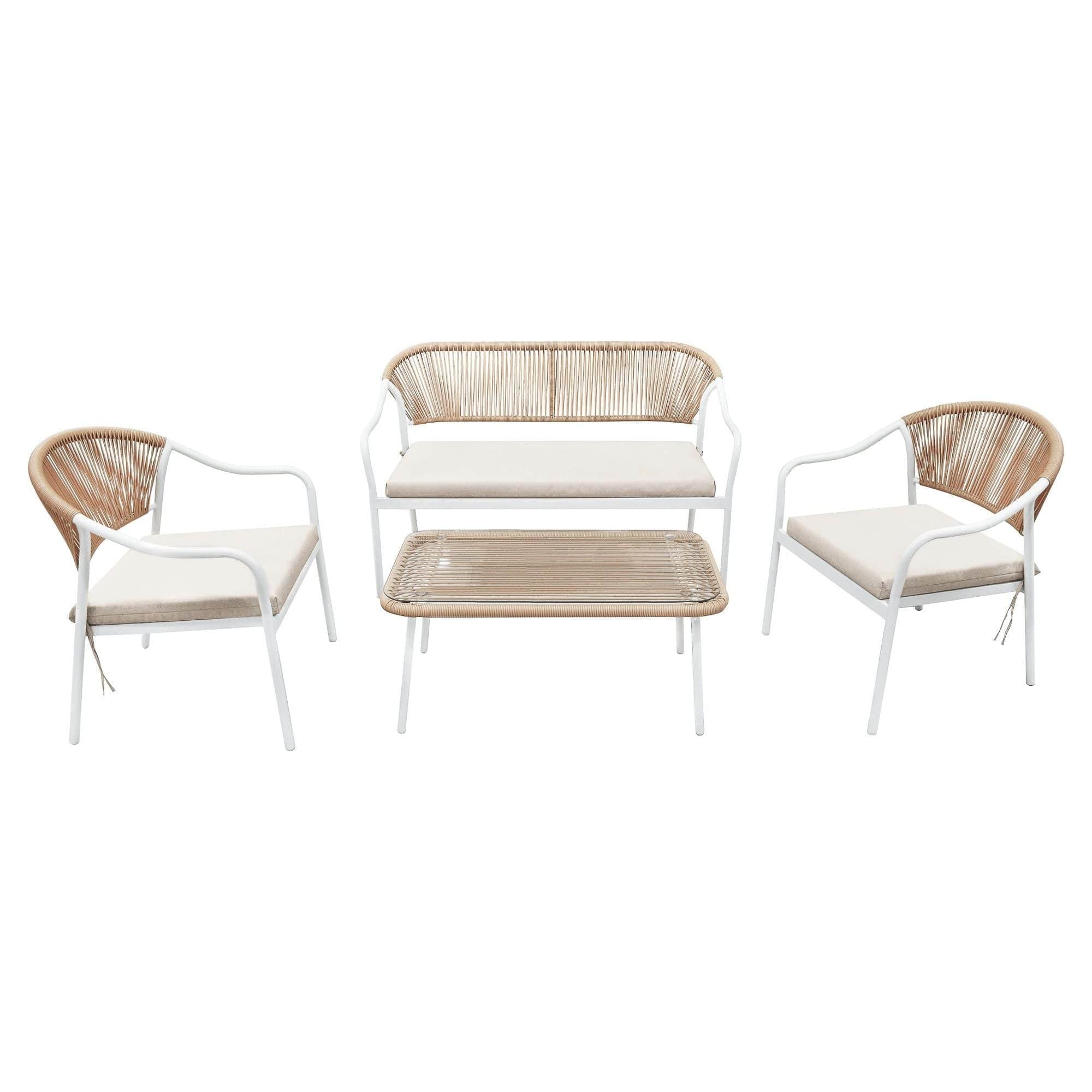 Set gradina PALNY, bej/alb, ratan/sticla/metal, cu masuta, 2 scaune si canapea