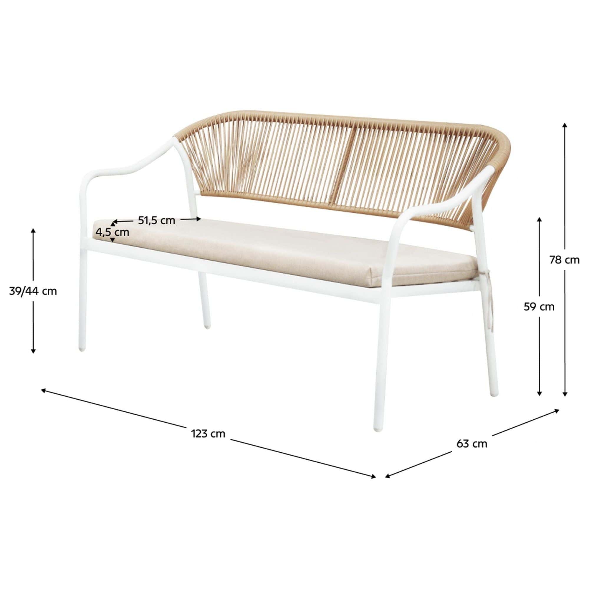 Set gradina PALNY, bej/alb, ratan/sticla/metal, cu masuta, 2 scaune si canapea