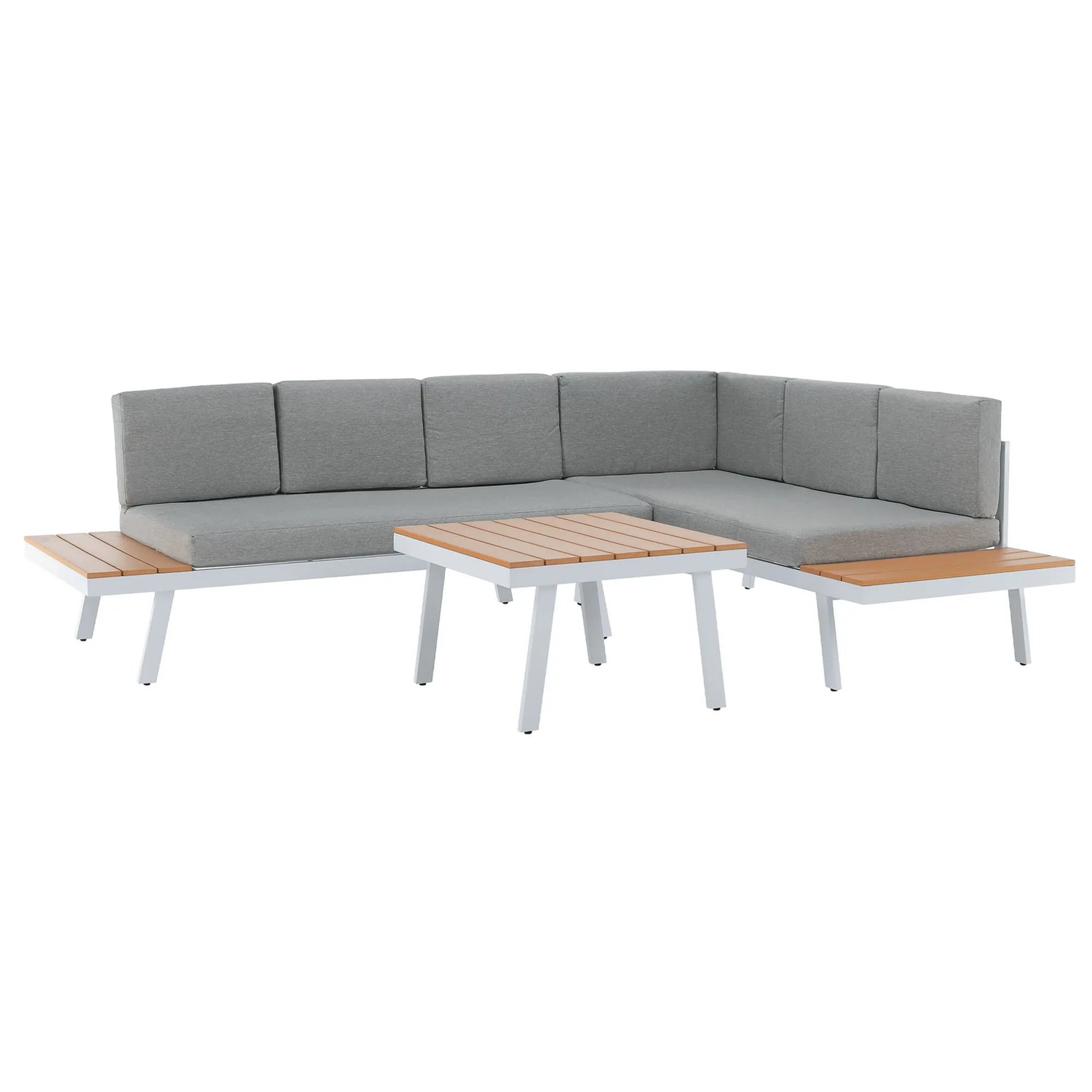 Set gradina PELOR, alb/gri deschis/stejar, tesatura/lemn/metal, cu masuta si canapea