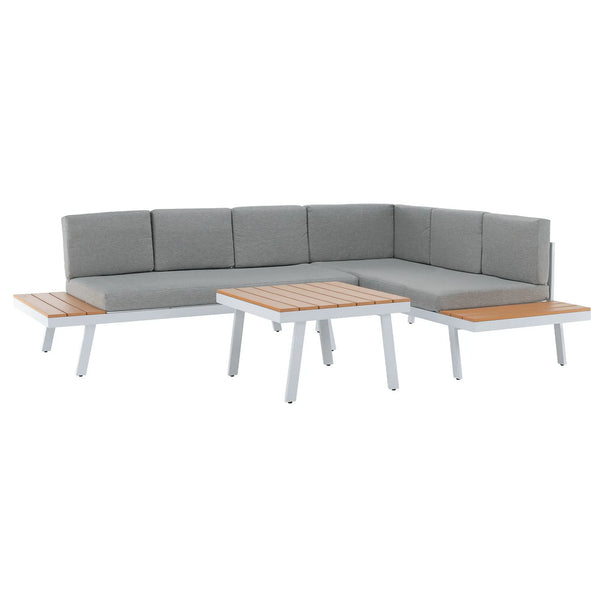 Set gradina PELOR, alb/gri deschis/stejar, tesatura/lemn/metal, cu masuta si canapea