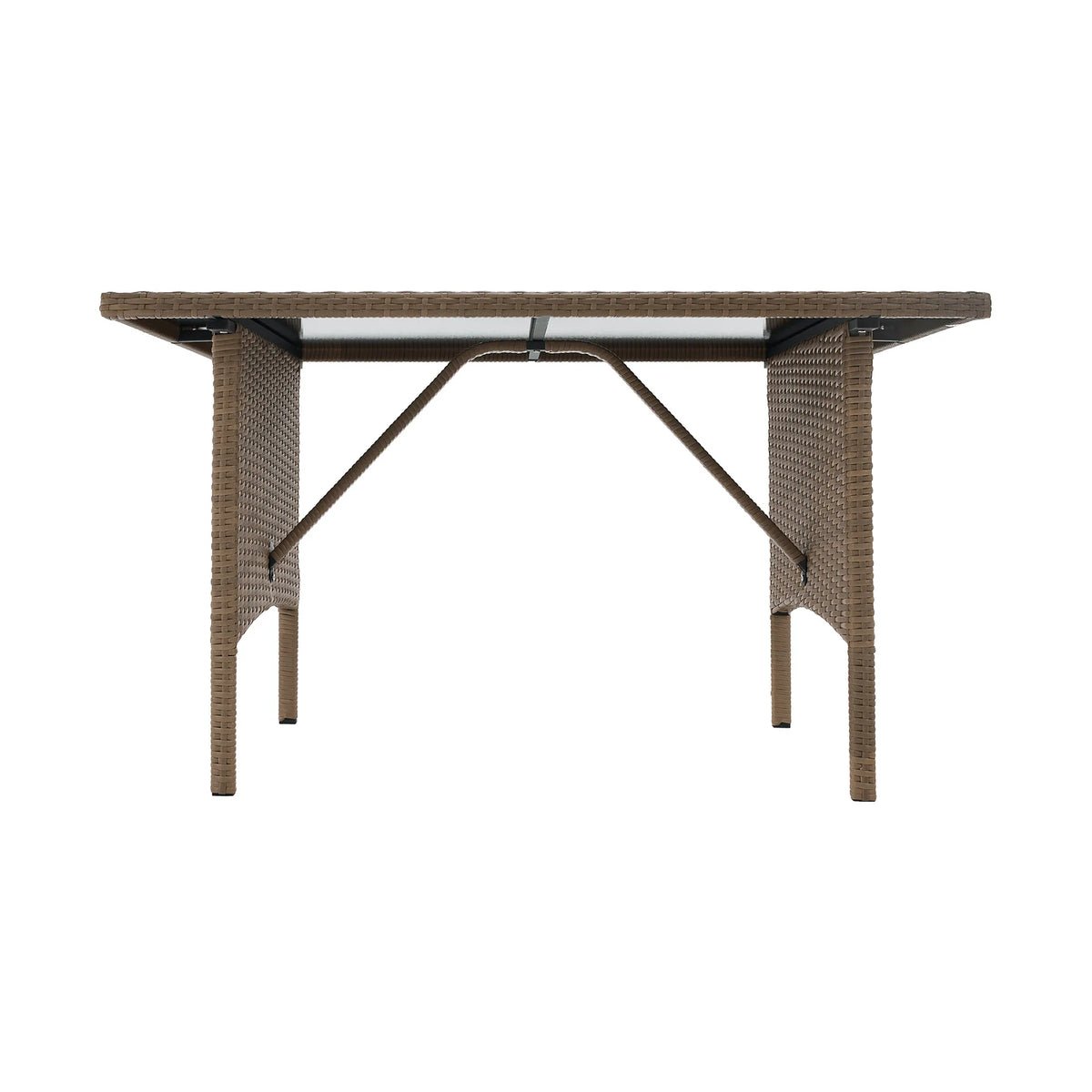 Set gradina RANDI, stejar/gri deschis/negru, ratan sintetic/sticla temperata/metal, cu masa, 2 taburete si canapea