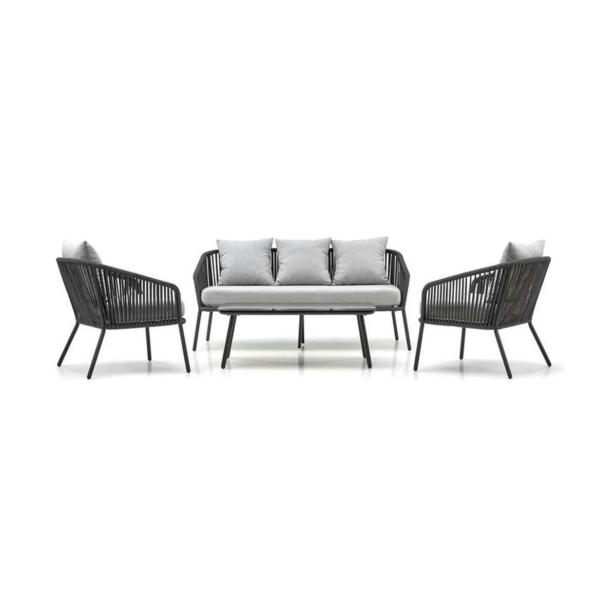 Set gradina ROCCA, gri, sticla/otel/stofa, cu masuta, 2 scaune si canapea