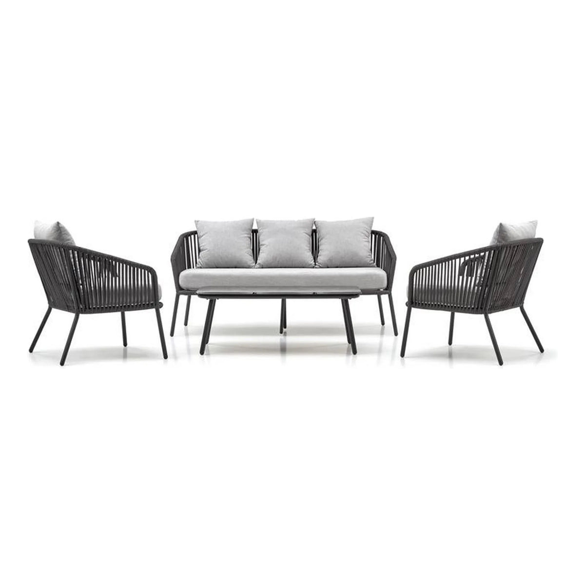 Set gradina ROCCA, gri, sticla/otel/stofa, cu masuta, 2 scaune si canapea