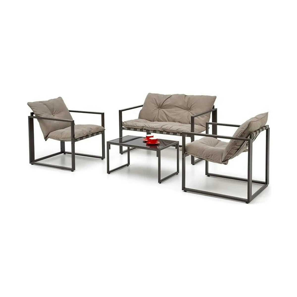 Set gradina SHARK, cappuccino/negru, otel/stofa/sticla, cu masuta, 2 scaune si canapea