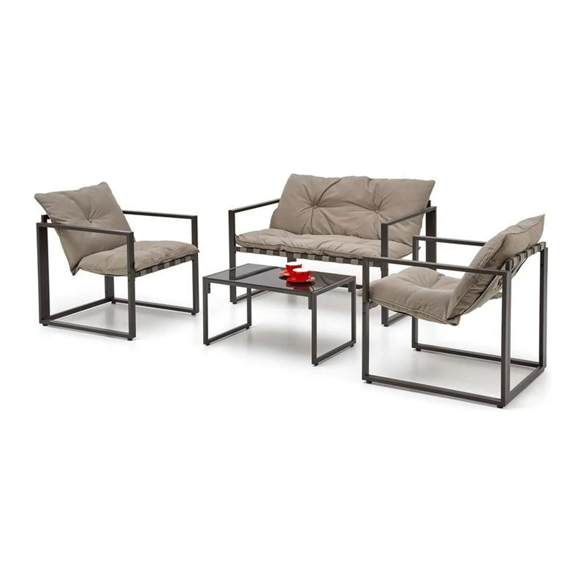Set gradina SHARK, cappuccino/negru, otel/stofa/sticla, cu masuta, 2 scaune si canapea
