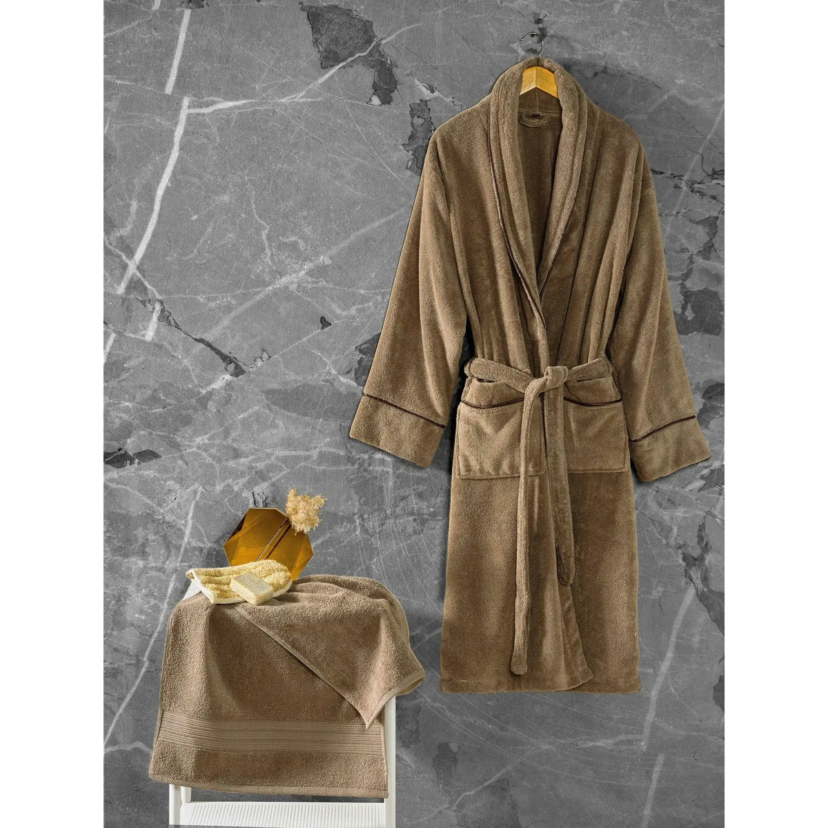 Set halat si prosop baie EXCLUSIVE, maro, bumbac