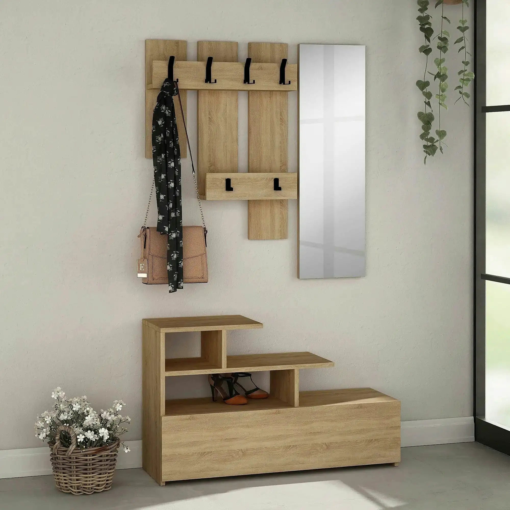 Set hol VESTY, stejar, PAL melaminat, format din cuier, oglinda si pantofar