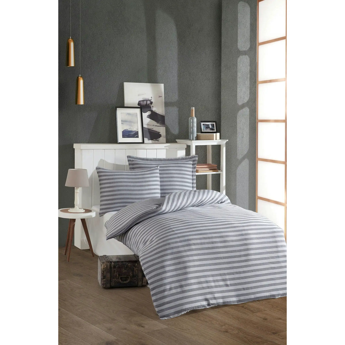 Set lenjerie pat 162ELR1695, bumbac/poliester, gri deschis/alb, 140x200 cm, cu cearceaf pilota si fata de perna