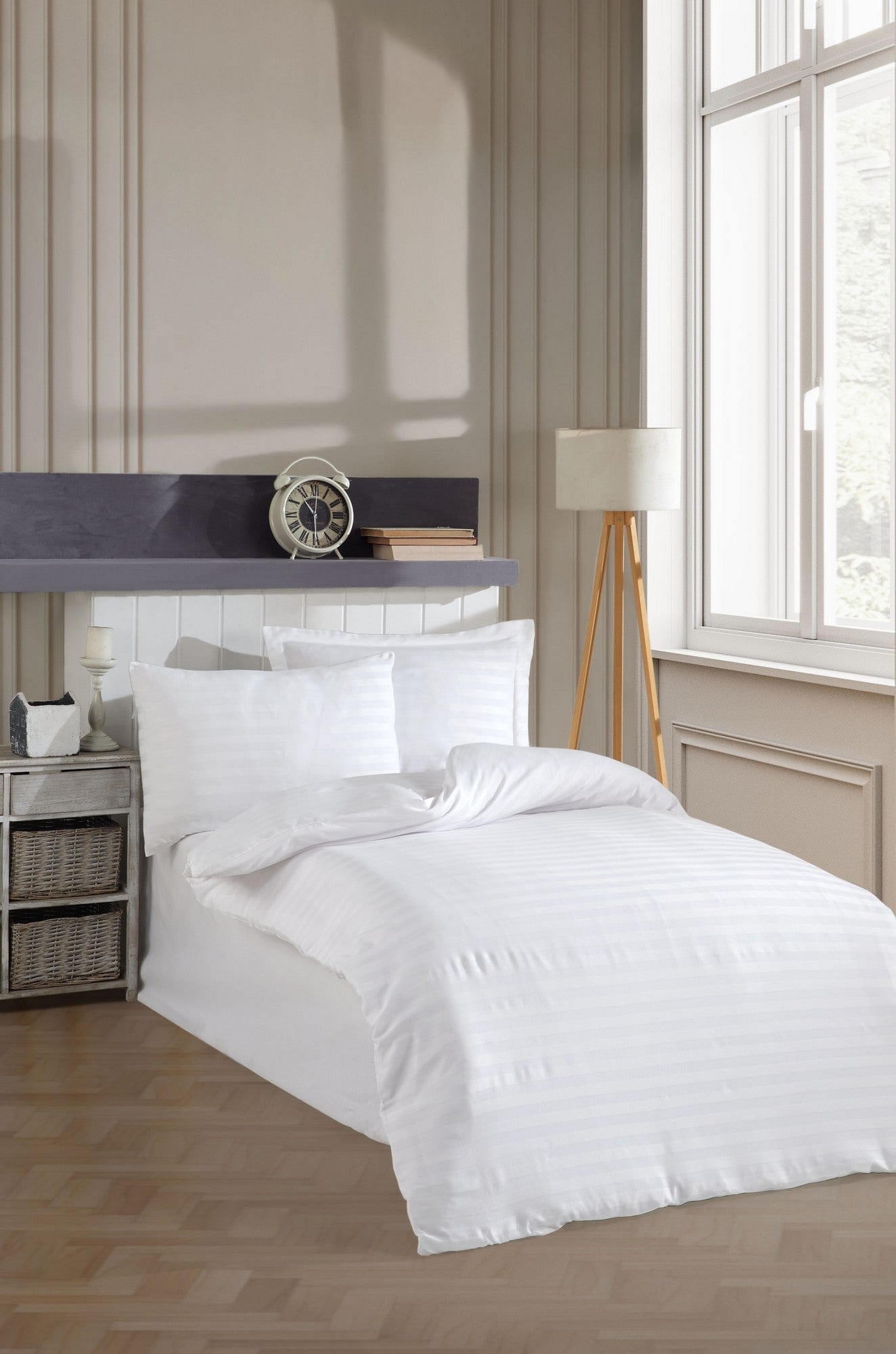 Set lenjerie pat 162ELR1697, bumbac/poliester, alb, 140x200 cm, cu cearceaf pilota si fata de perna