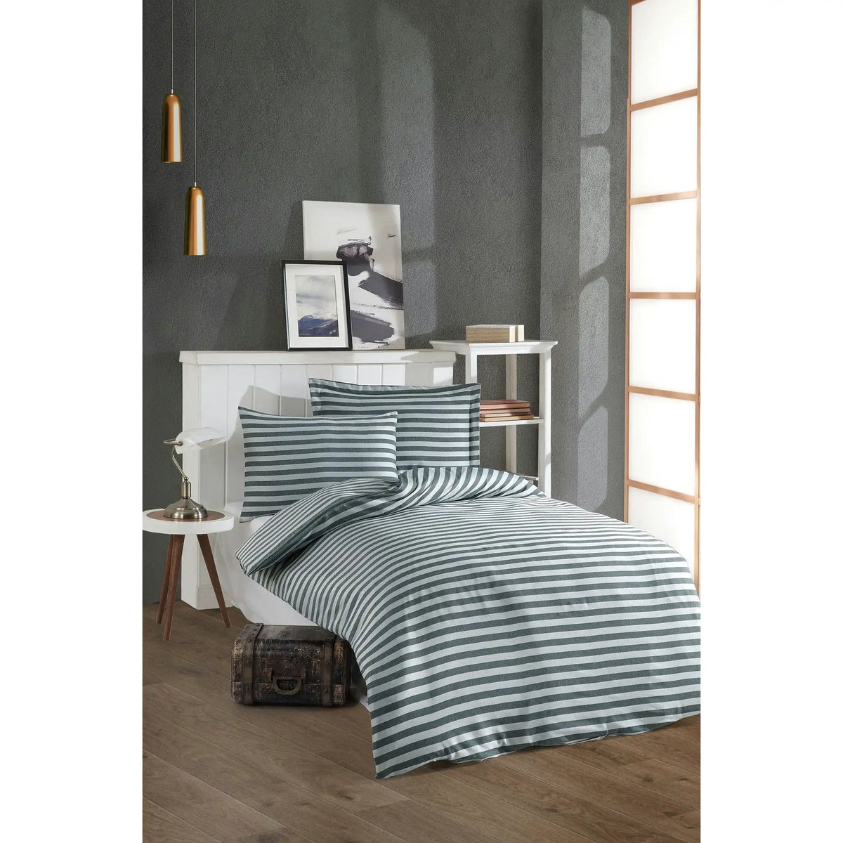 Set lenjerie pat 162ELR1701, bumbac/poliester, gri inchis/alb, 140x200 cm, cu cearceaf pilota si fata de perna