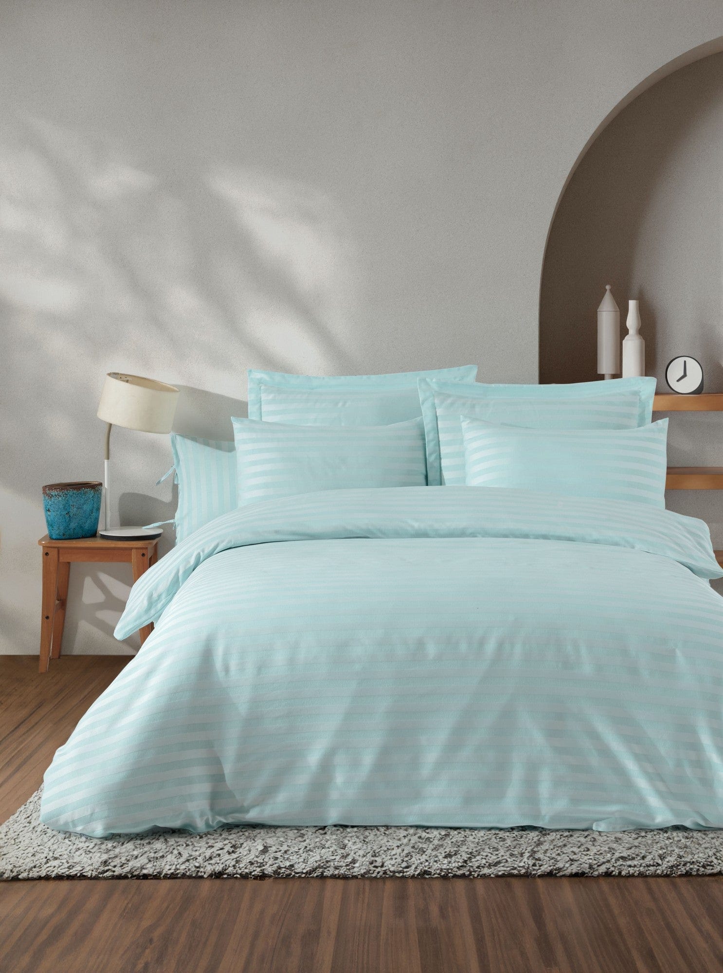 Set lenjerie pat 162ELR4136, verde menta, bumbac/poliester, 200x220 cm, cu cearceaf pilota si 2 fete de perna