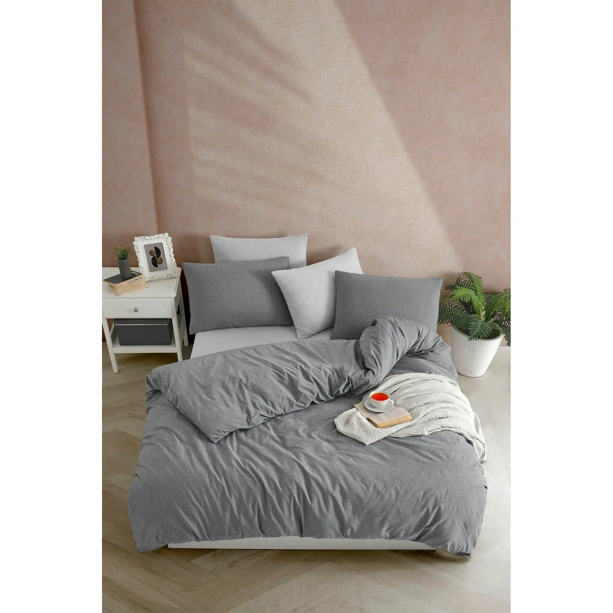 Set lenjerie pat 670TBH2122, bumbac/poliester, gri, 100x200 cm, cu husa pat, cearceaf pilota si fata de perna