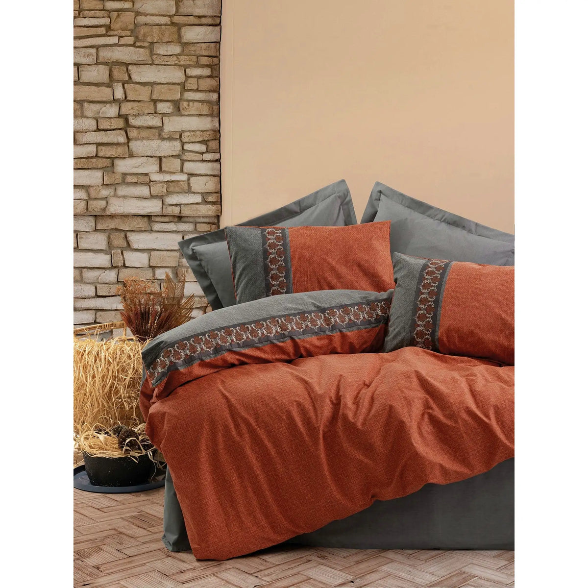 Set lenjerie pat dublu TAMAYA, bumbac, somon/gri, 240x260 cm, cu cearceaf pat, cearceaf pilota si 2 fete de perna